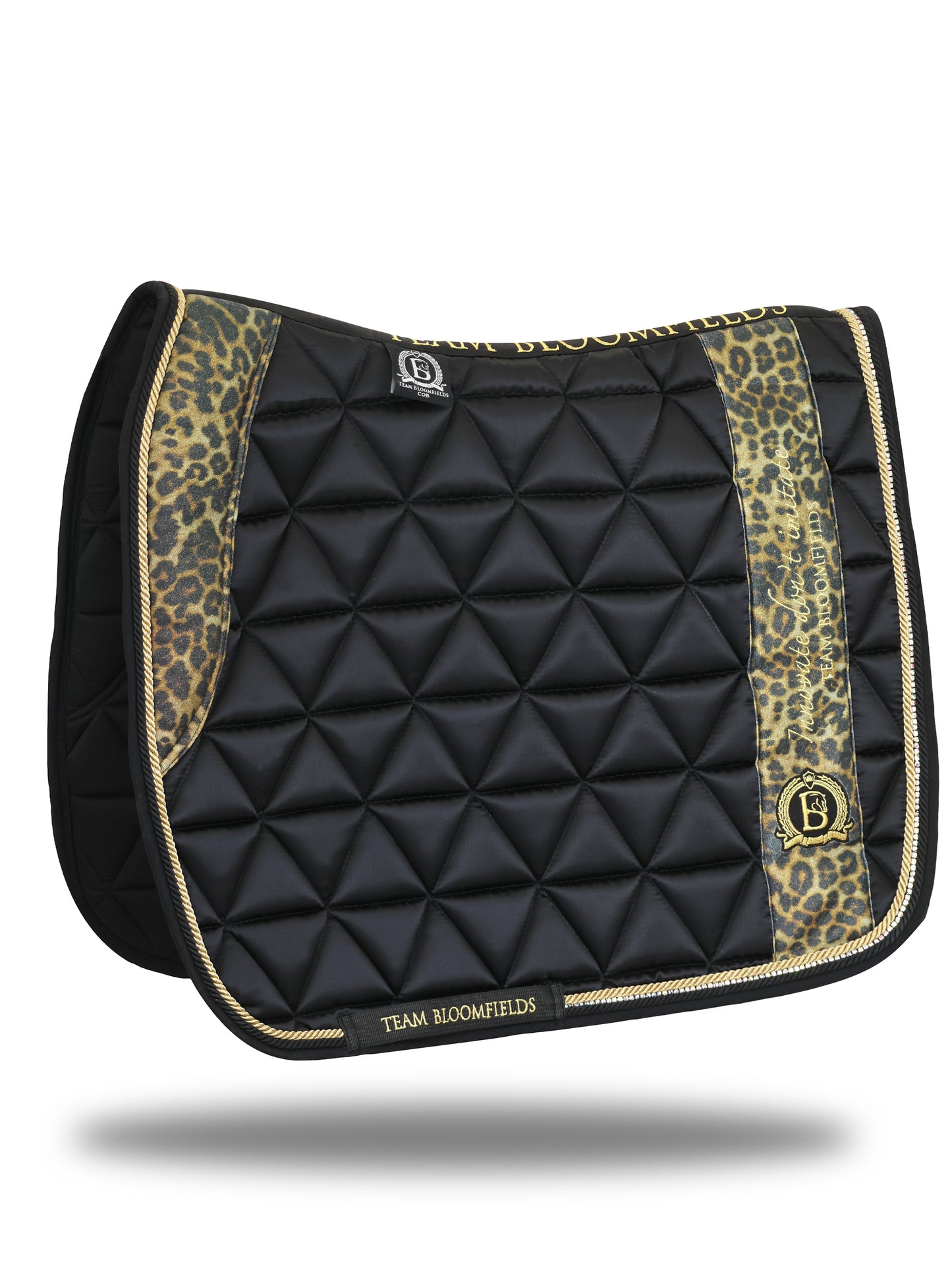 Black and leopard print dressage saddle pad with quilted satin body and embroidered Bloomfields crest by Team Bloomfields, available in pony cob and full