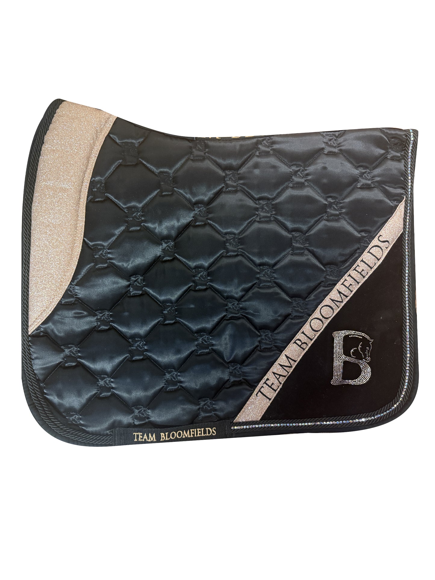 Black and rose gold sparkle dressage saddle pad with rose gold glitter panel and diamanté Bloomfields B by Team Bloomfields, available in pony cob and full