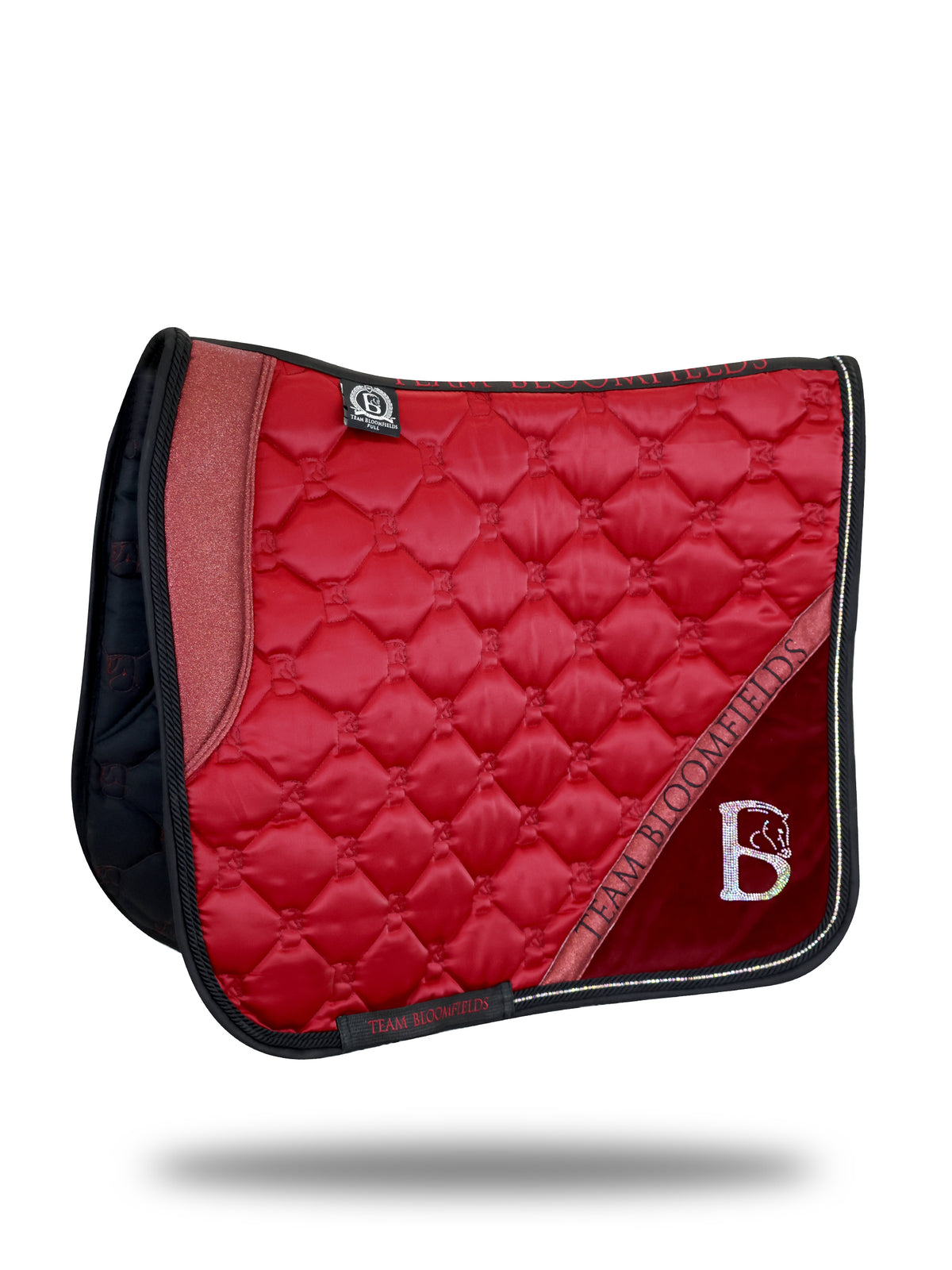 Burgundy sparkle dressage saddle pad with glitter panel and diamanté Bloomfields B by Team Bloomfields, available in pony cob and full