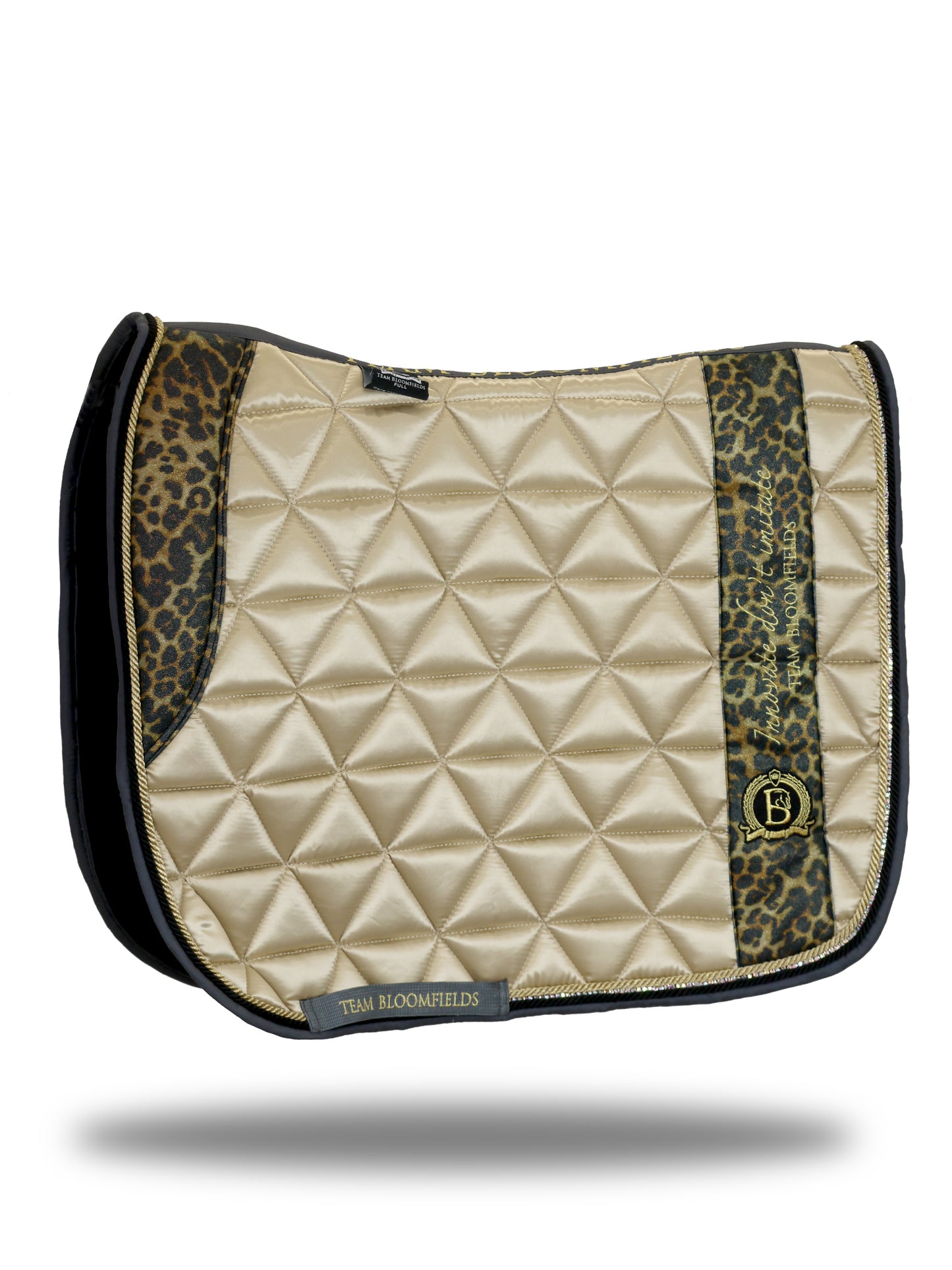 Champagne and leopard print dressage saddle pad with quilted satin body and embroidered Bloomfields crest by Team Bloomfields