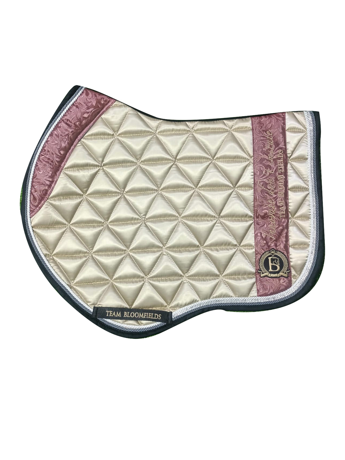 Cream and winter berry paisley jump saddle pad with intricate paisley print and Bloomfields branding by Team Bloomfields, available in pony cob and full