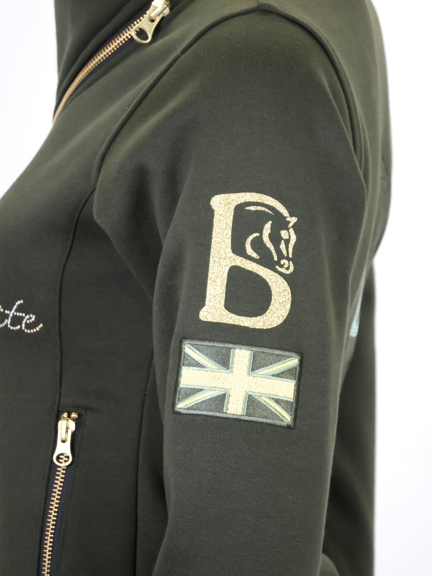 Eleanor in Olive & White Rhinestones & Diagonal Quarter Zip Top