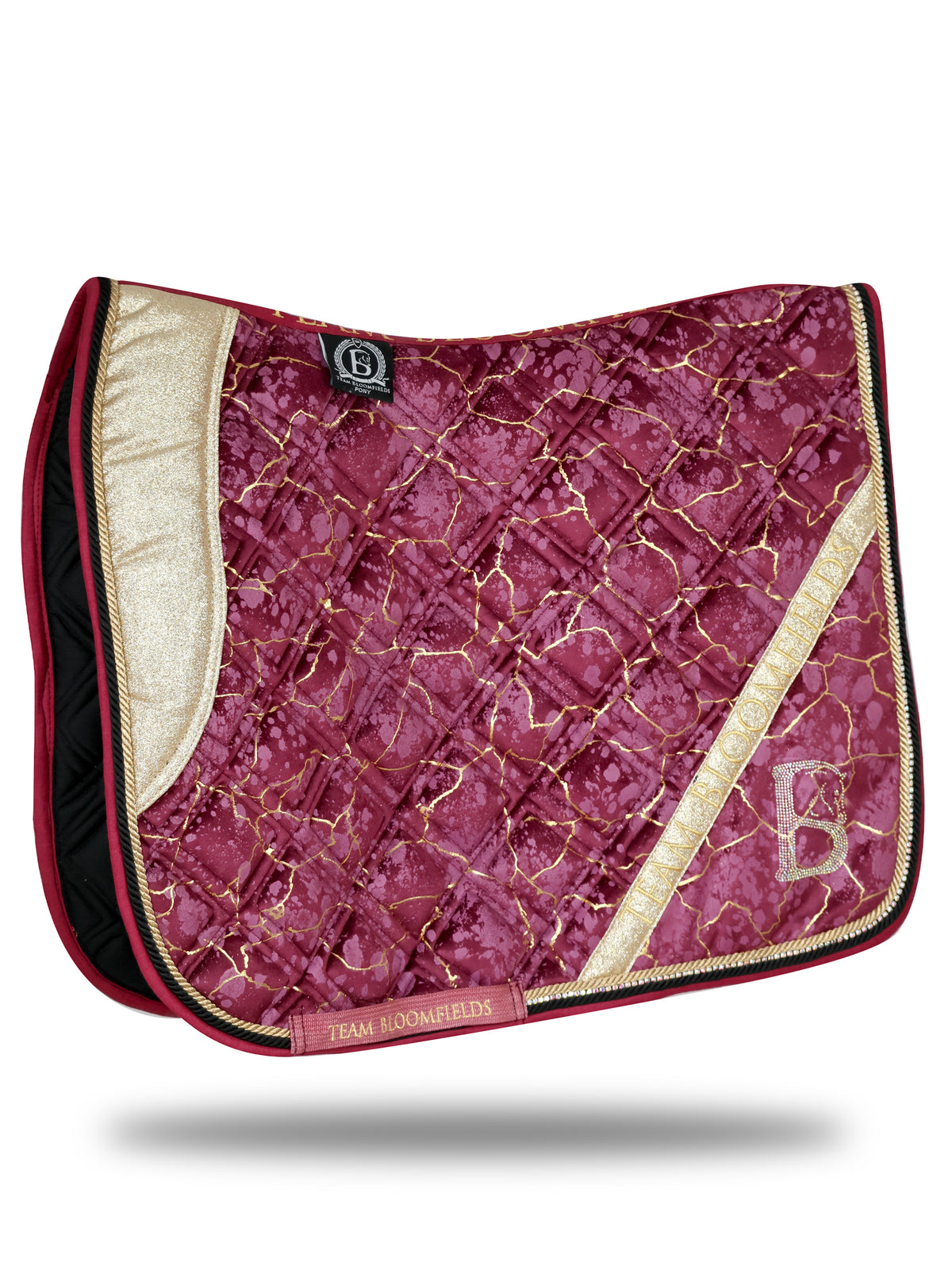 Electra mulberry and gold dressage saddle pad with marble effect print, gold glitter panel and diamanté Bloomfields B by Team Bloomfields, available in pony cob and full