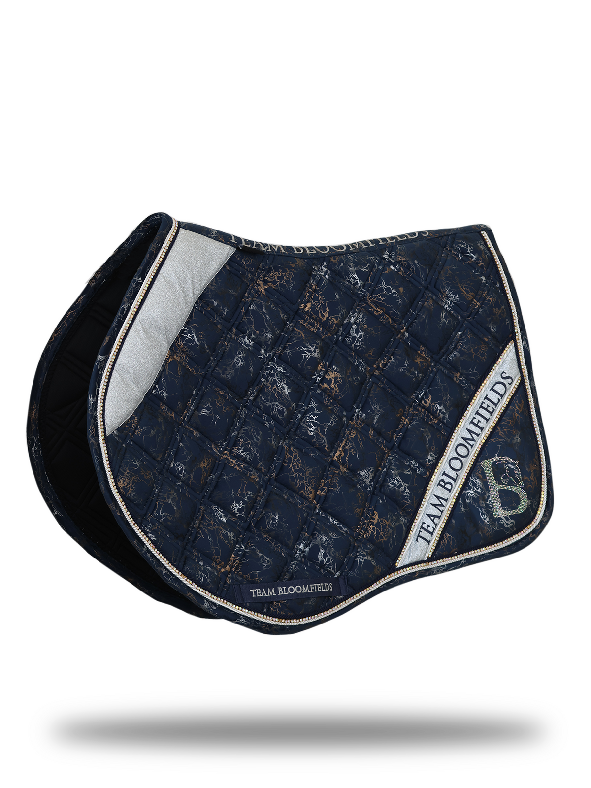 Electra navy jump saddle pad with glitter detailing and rhinestone Bloomfields B by Team Bloomfields, available in pony cob and full