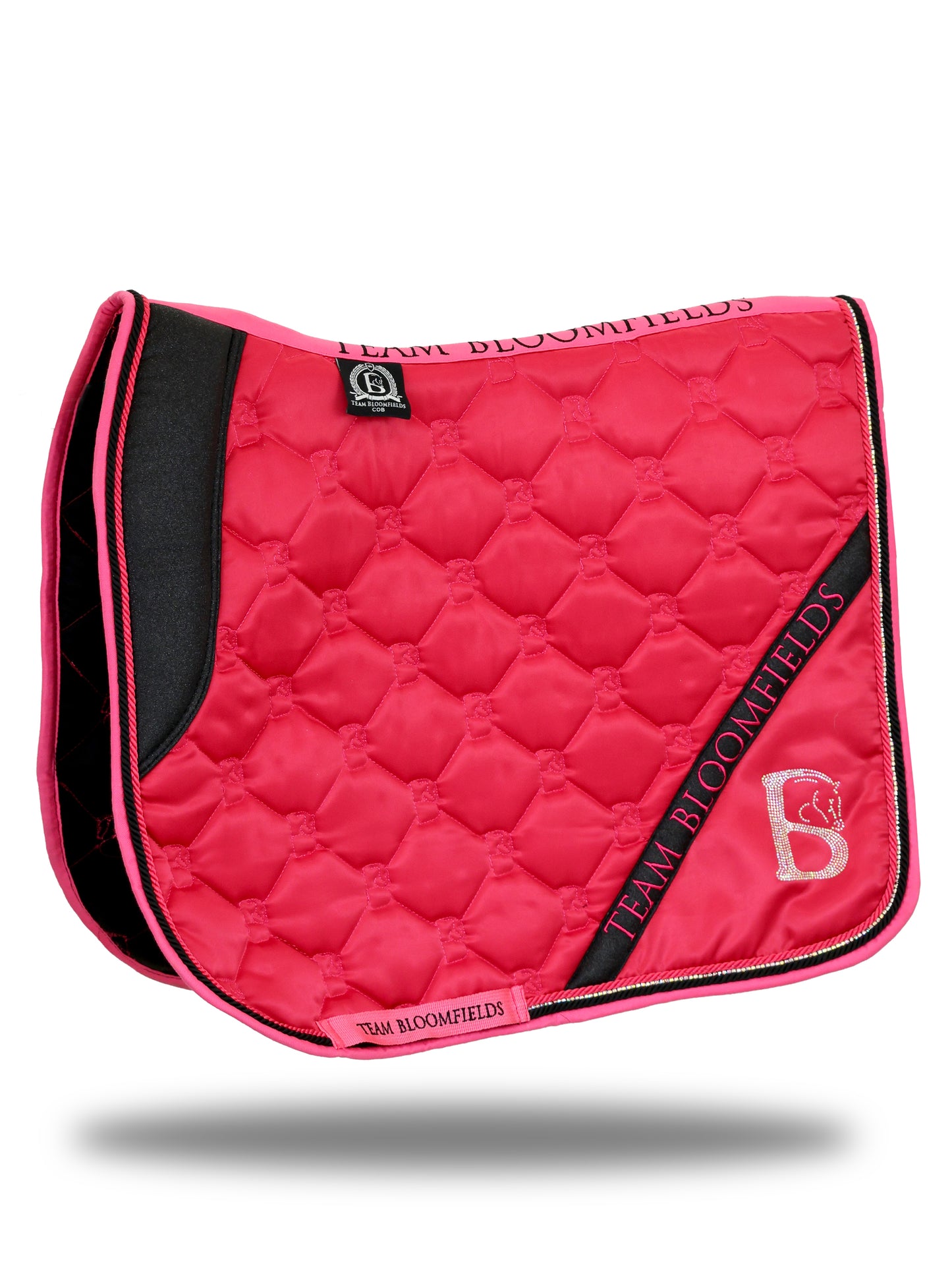 Hot pink and black glitter dressage saddle pad with rhinestone Bloomfields logo by Team Bloomfields, available in pony cob and full