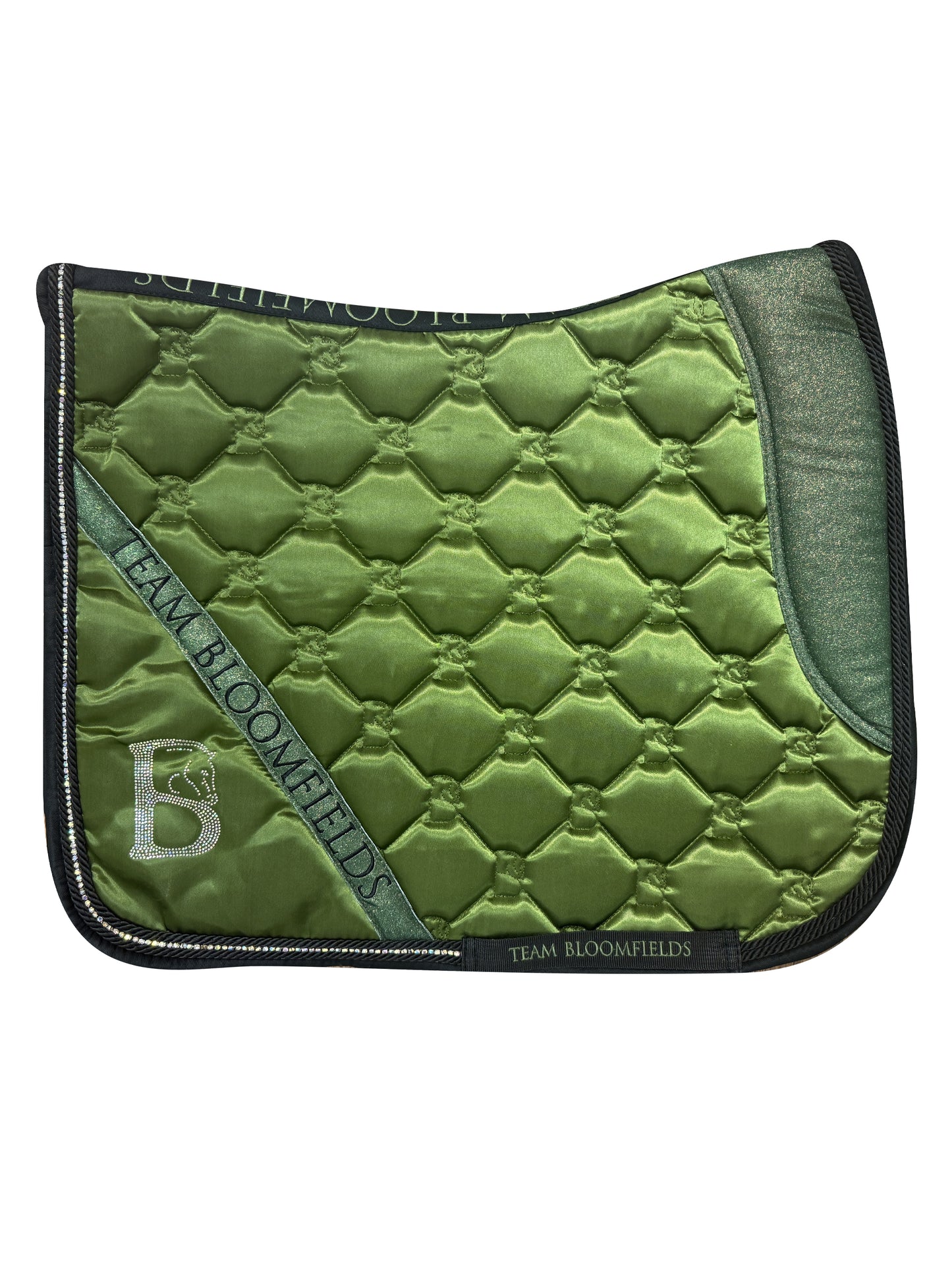 Olive sparkle dressage saddle pad with glitter panel and diamanté Bloomfields B by Team Bloomfields, available in pony cob and full