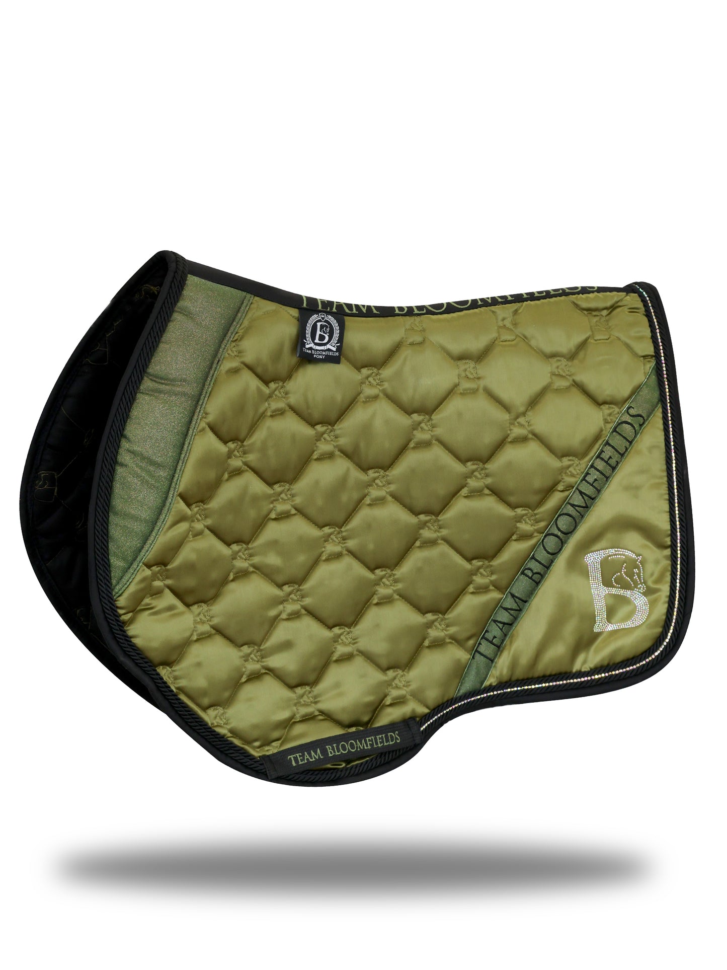 Olive sparkle jump saddle pad with glitter panel and diamanté Bloomfields B by Team Bloomfields, available in pony cob and full