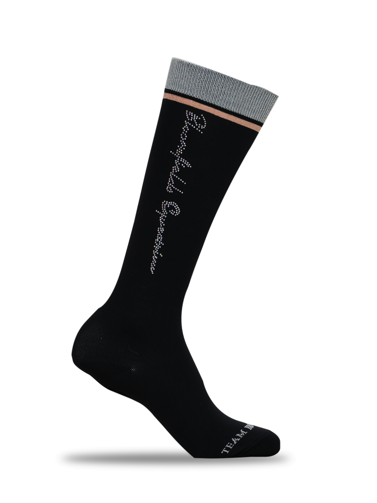 Trinity black crystal knee high riding socks with silver rhinestone Team Bloomfields script, silver ribbed band and rose gold stripe, available in S and L