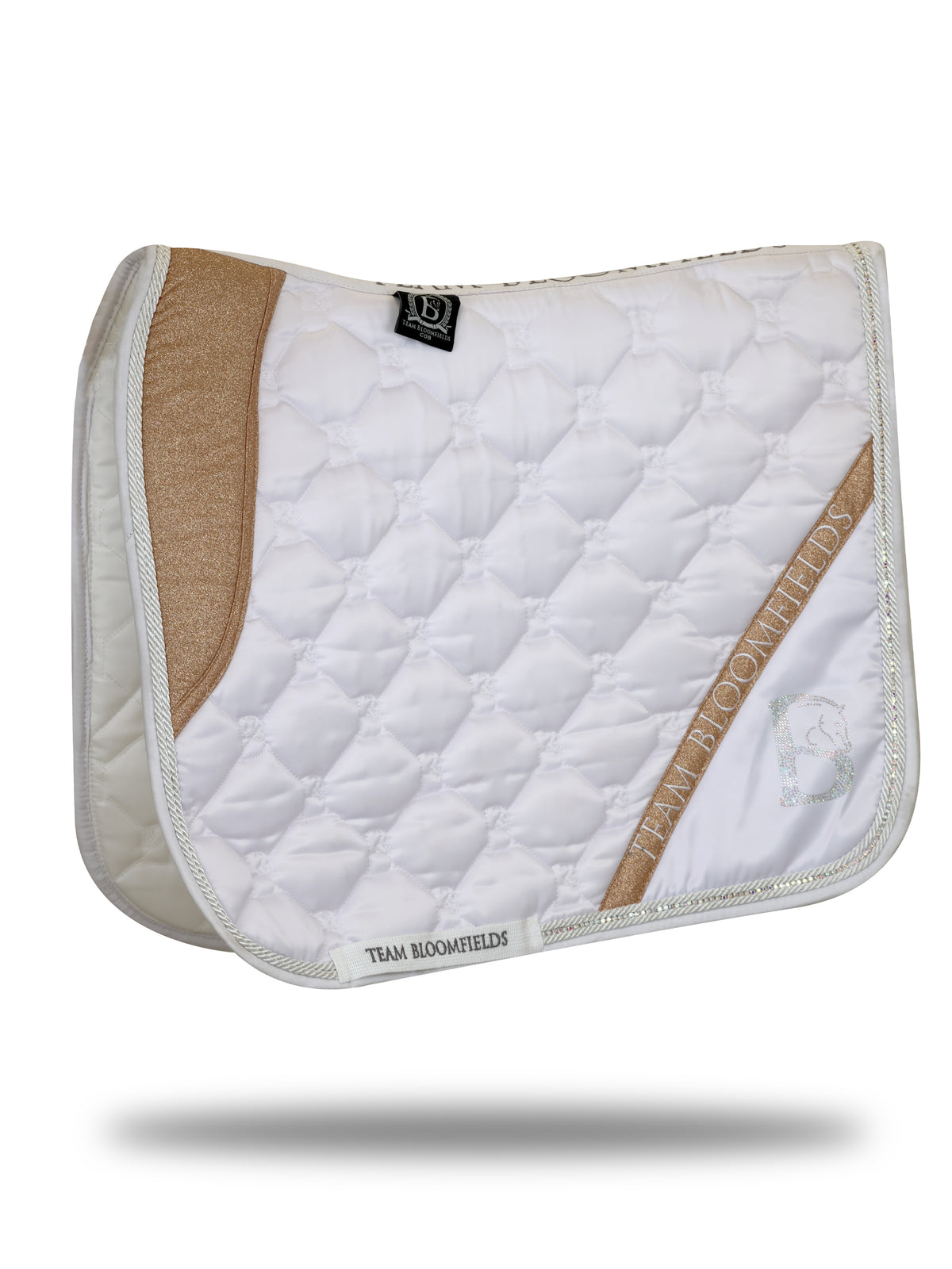 White and rose gold sparkle dressage saddle pad with rose gold glitter panel and diamanté Bloomfields B by Team Bloomfields, available in pony cob and full