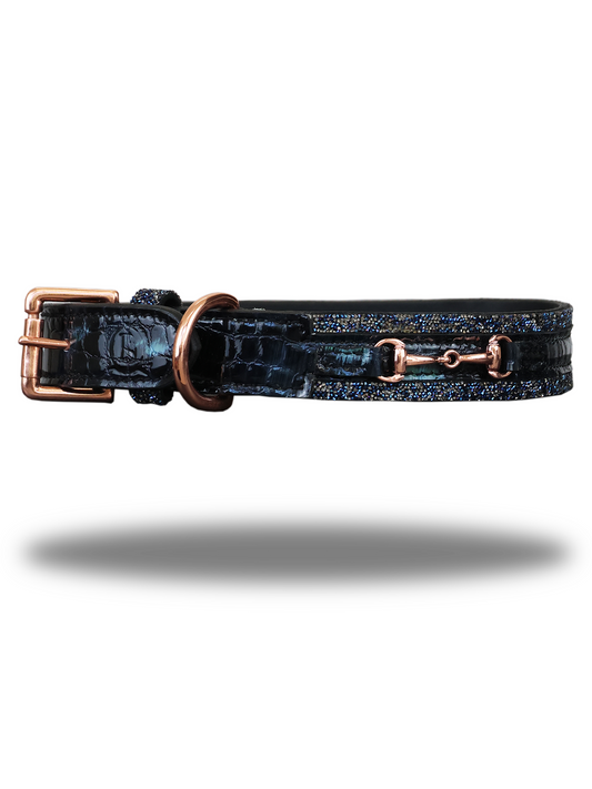 Dog Collar in Leather with Glitter in Navy