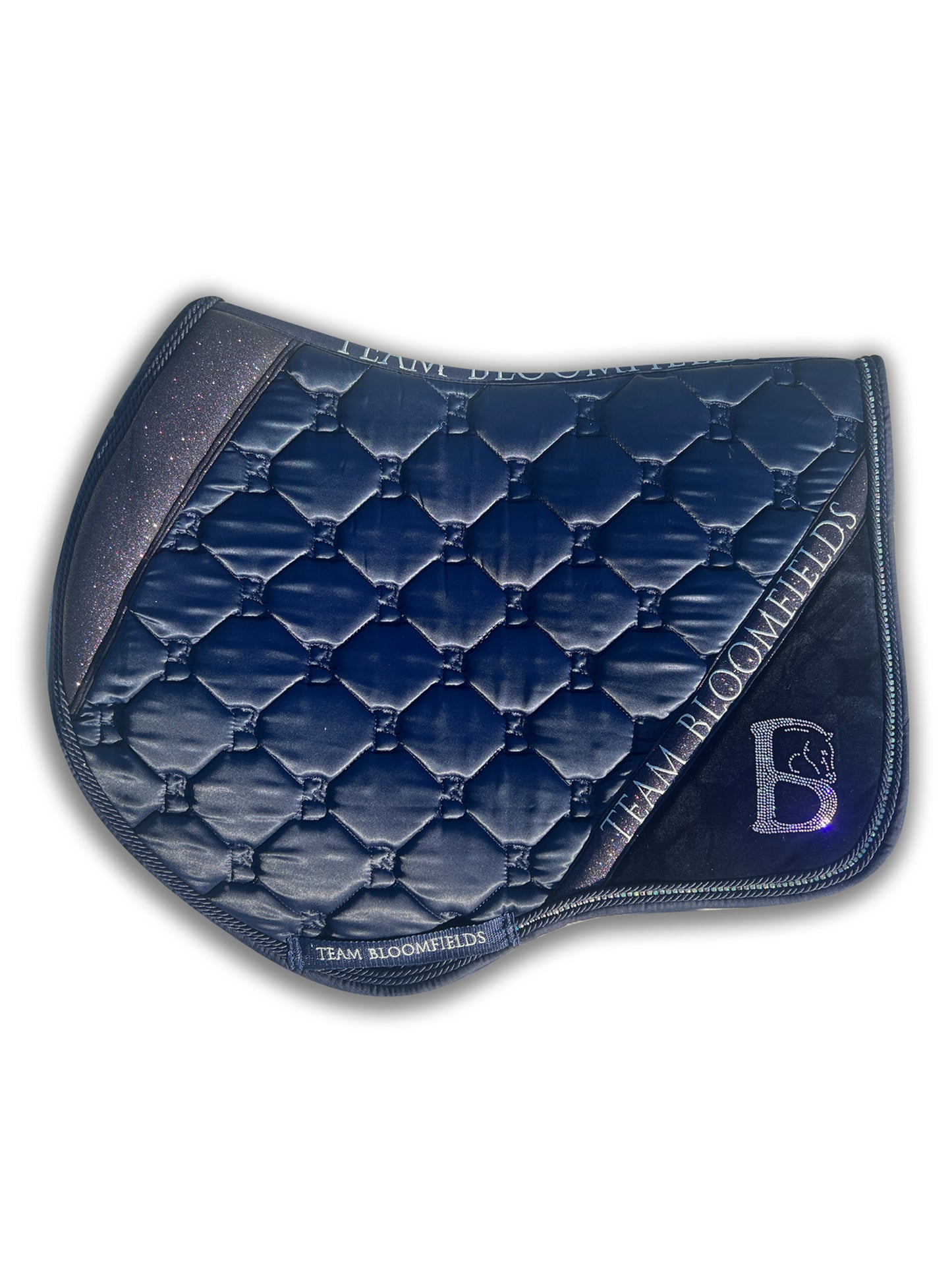 Navy sparkle jump saddle pad with tonal navy glitter panel and diamanté Bloomfields B by Team Bloomfields, available in pony cob and full