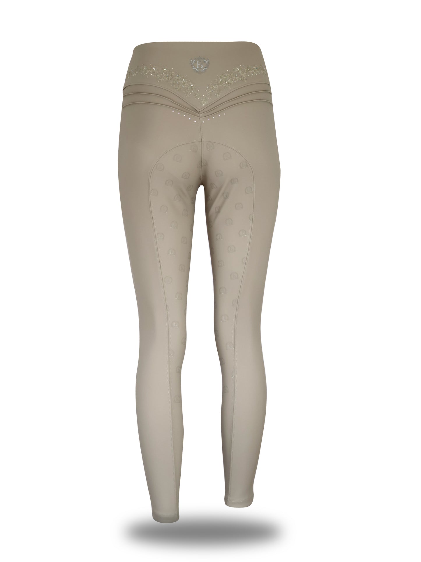 Beige equestrian riding tights with a decorative embroidered pattern on the waistband, shown from the back on a white background.