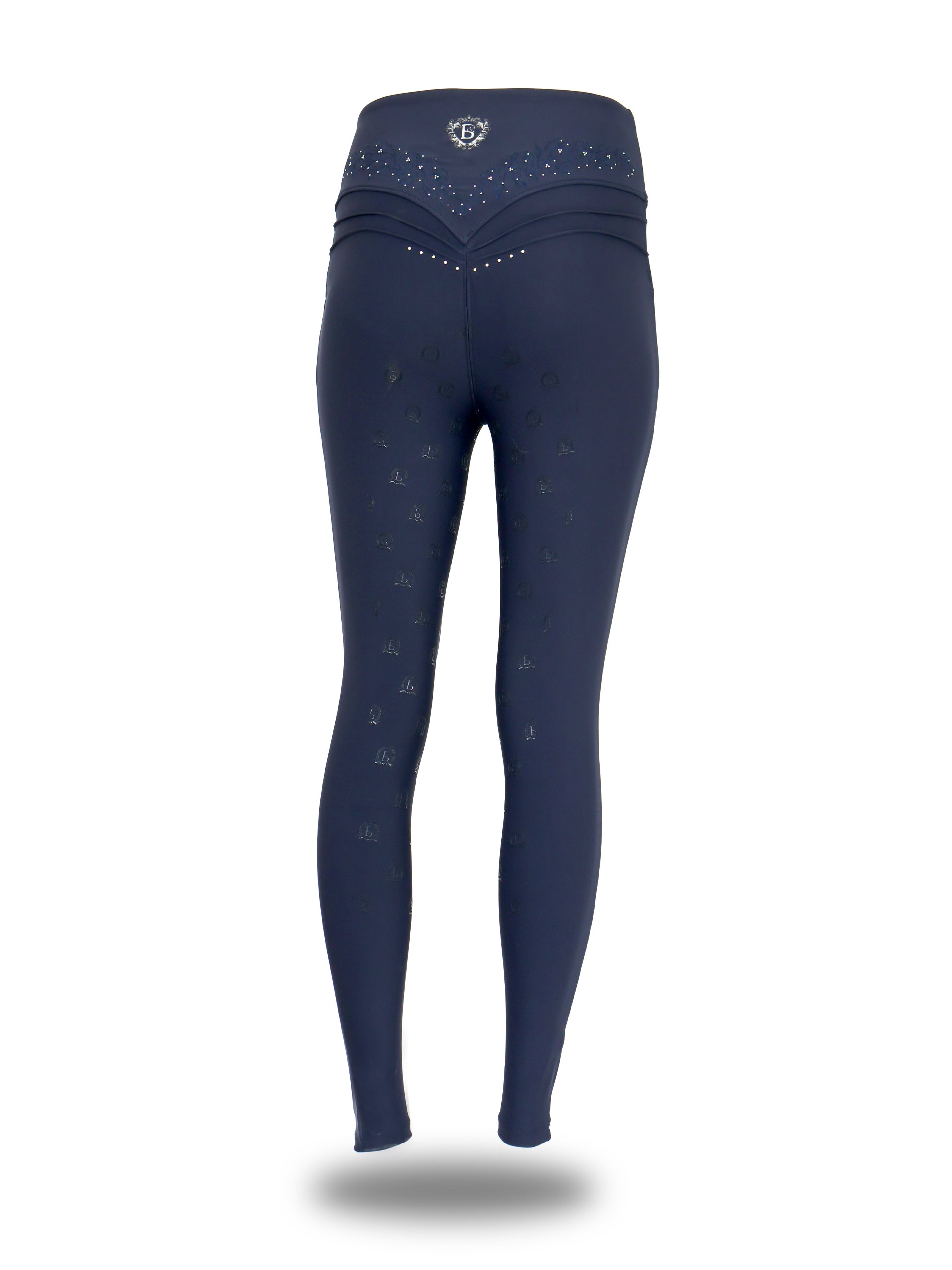 Adults' Anemone Leggings in Navy, back view showing floral scroll waistband detailing