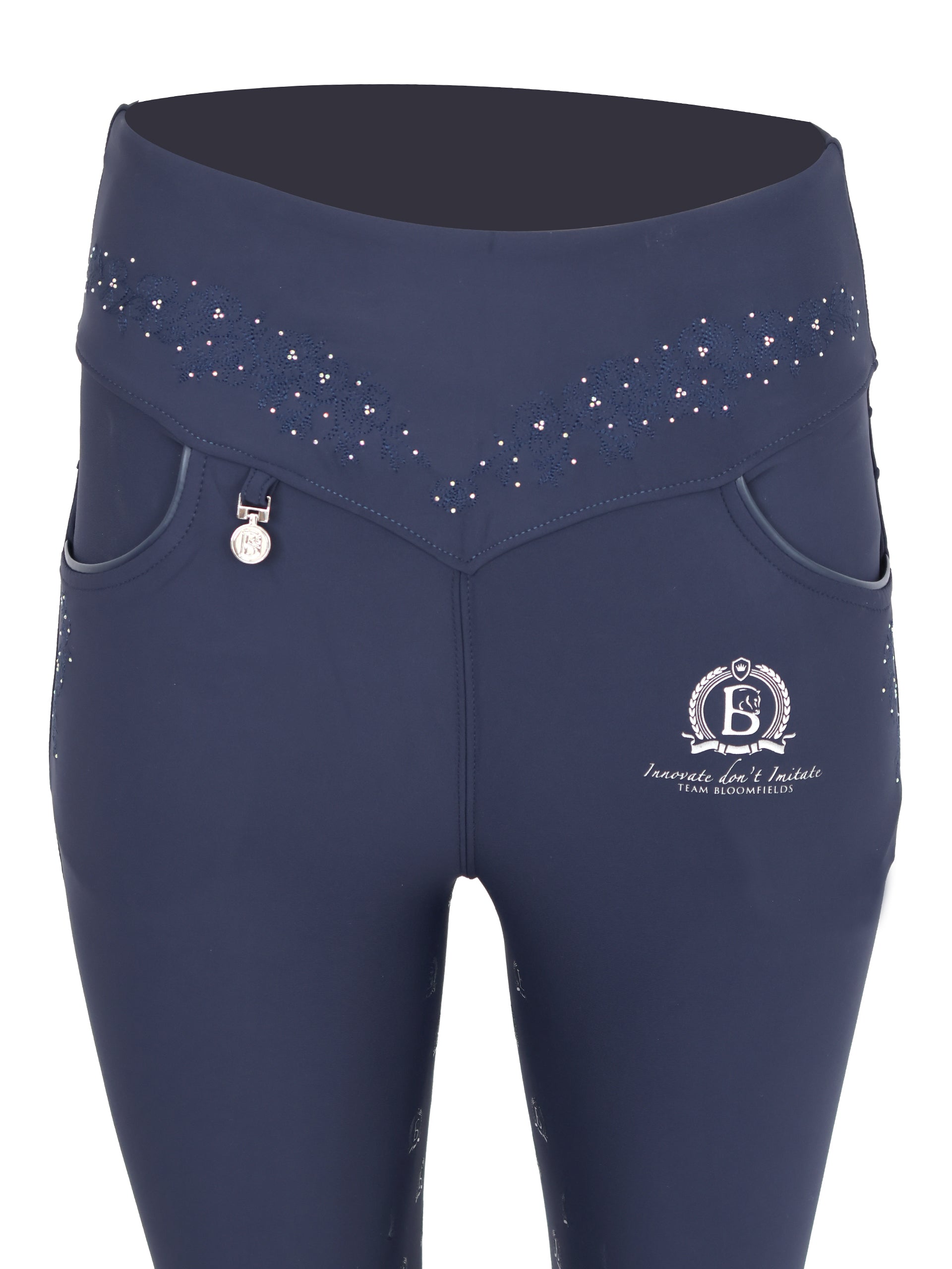 Close-up detail of contoured waistband on the Navy Anemone Leggings