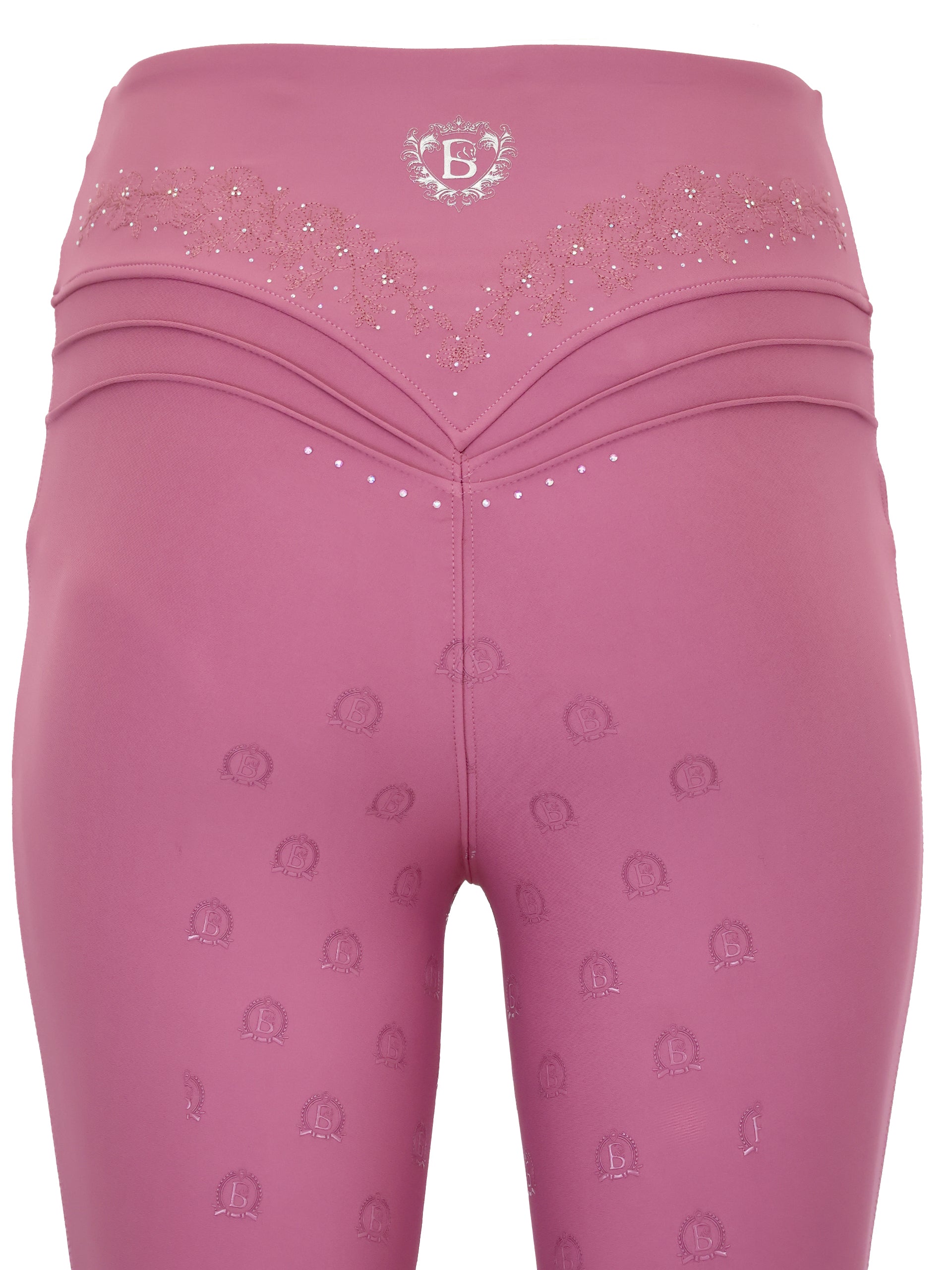 Close-up detail of back waistband embroidery on the Old Rose Anemone Leggings