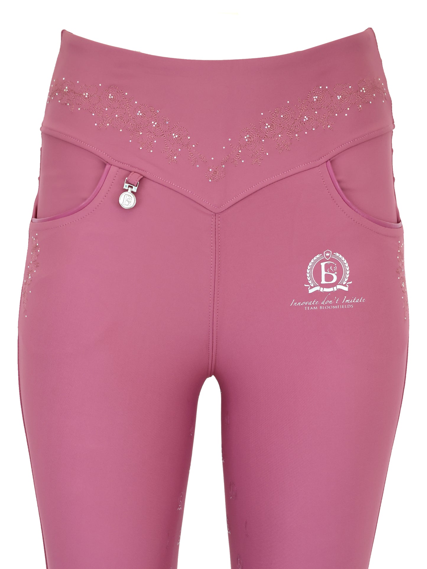 Close-up detail of contoured waistband on the Old Rose Anemone Leggings