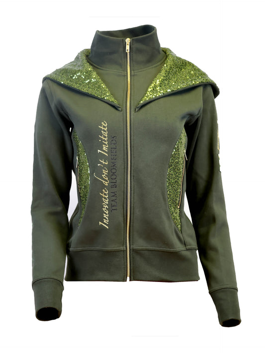Arabella Olive Double Collar Fitted Zip Hoodie