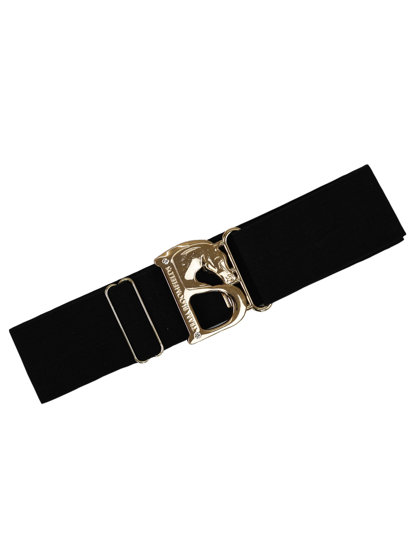 Black elastic equestrian belt with gold Bloomfields B buckle by Team Bloomfields, one size fits all for women and children