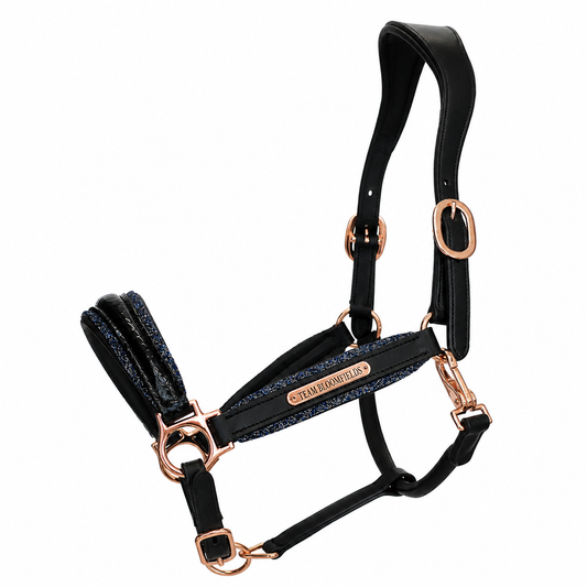 Black leather horse headcollar with navy glitter detail by Team Bloomfields, adjustable fit and durable design for everyday use