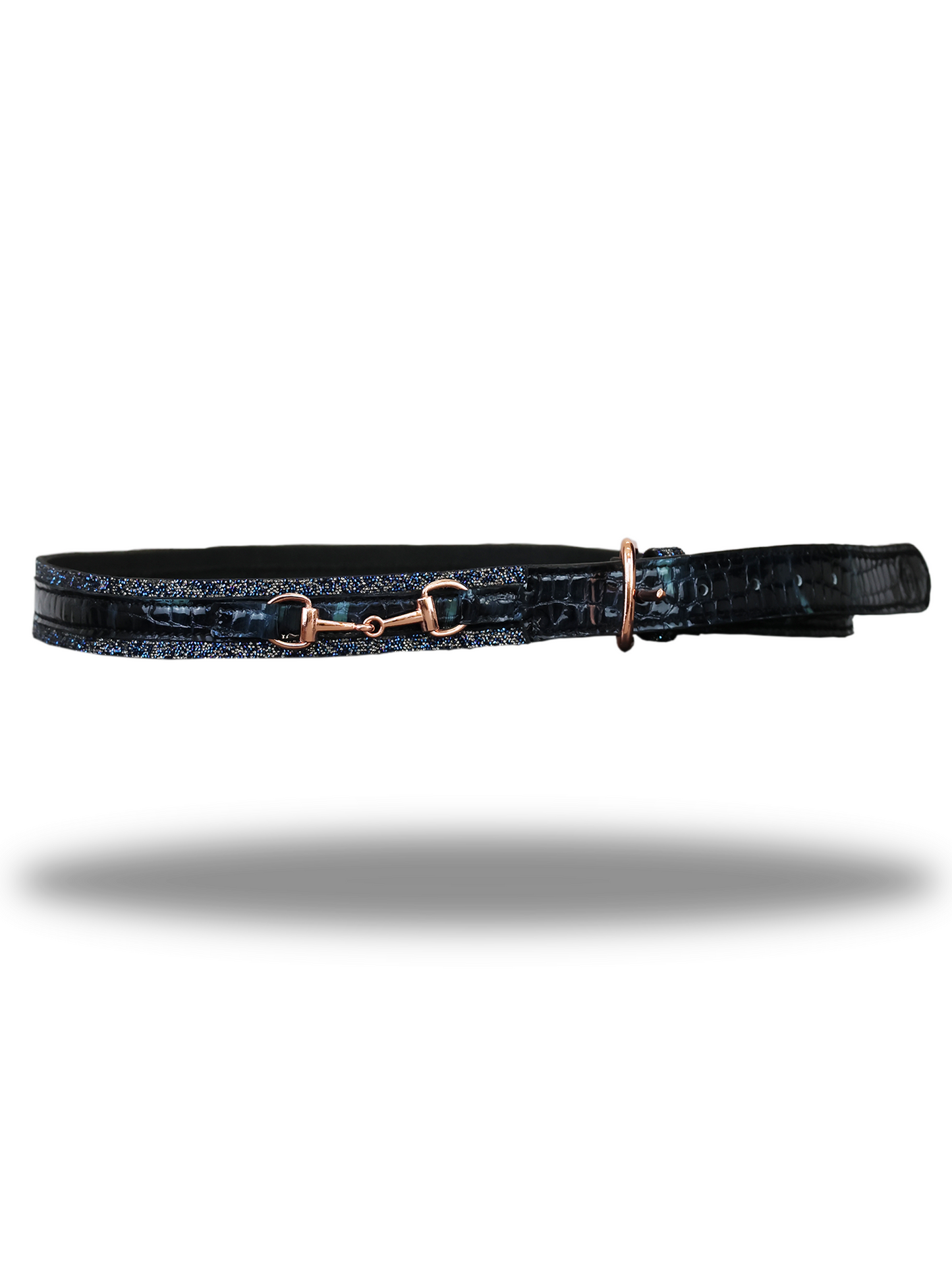 Black crocodile print leather belt with navy glitter finish and rose gold buckle and snaffle detail by Team Bloomfields, available in sizes 75cm to 95cm