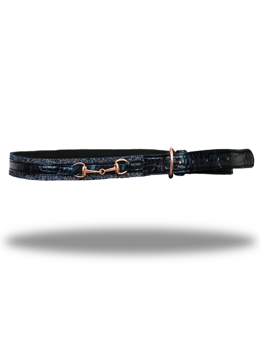 Black crocodile print leather belt with navy glitter finish and rose gold buckle and snaffle detail by Team Bloomfields, available in sizes 75cm to 95cm