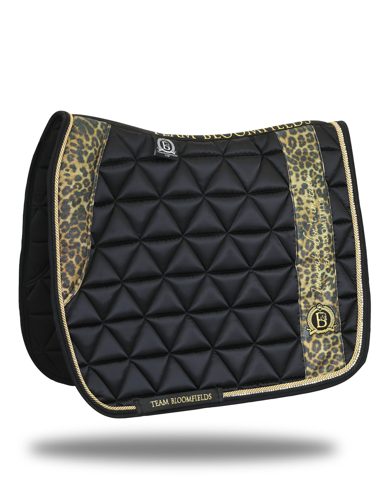 Black and leopard print dressage saddle pad with quilted satin body and embroidered Bloomfields crest by Team Bloomfields, available in pony cob and full