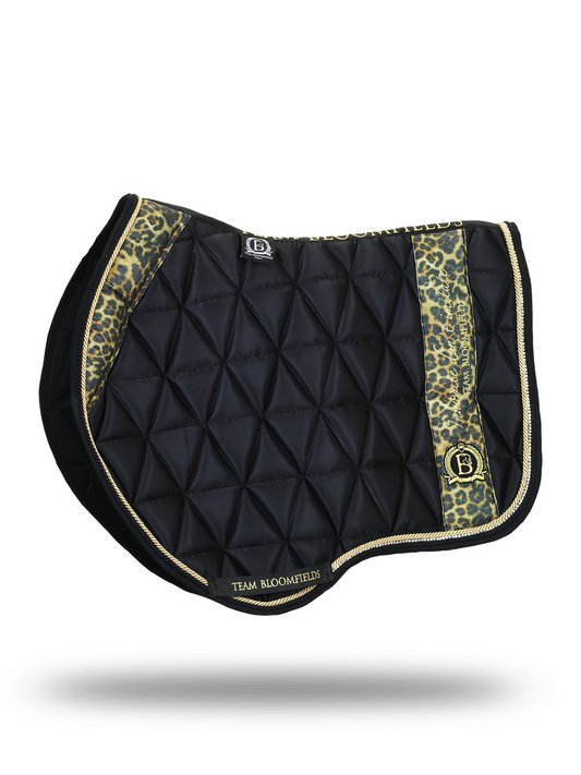 Black and leopard print jump saddle pad with quilted satin body and embroidered Bloomfields crest by Team Bloomfields, available in pony cob and full