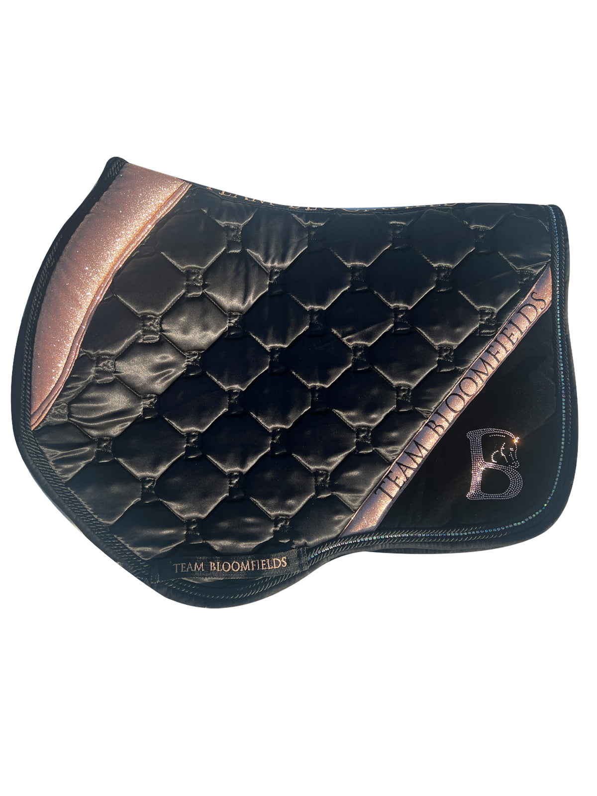 Black and rose gold sparkle jump saddle pad with rose gold glitter panel and diamanté Bloomfields B by Team Bloomfields, available in pony cob and full