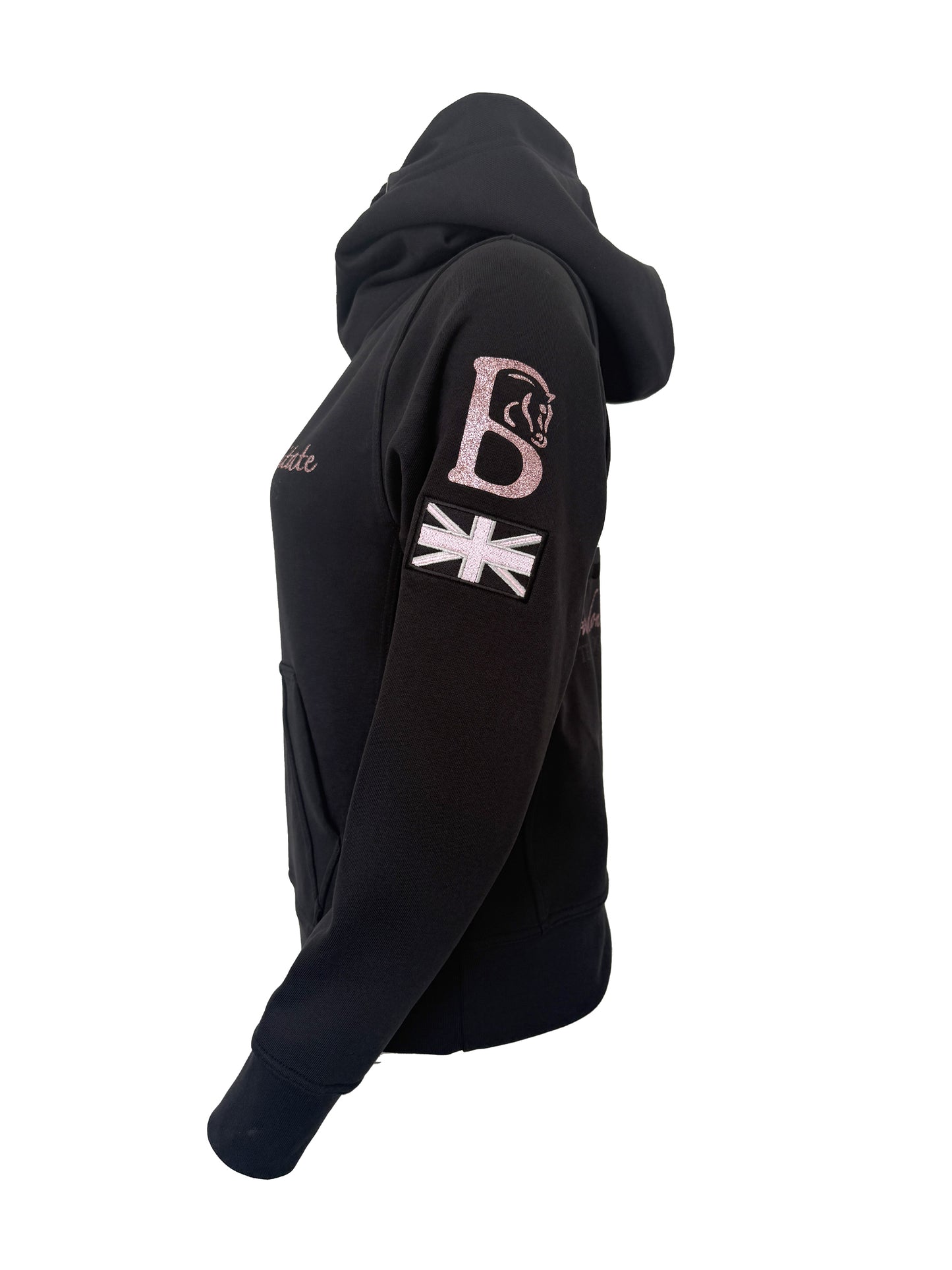 Adelle Black Diamante Cross Necked Hoodie with Pink Branding