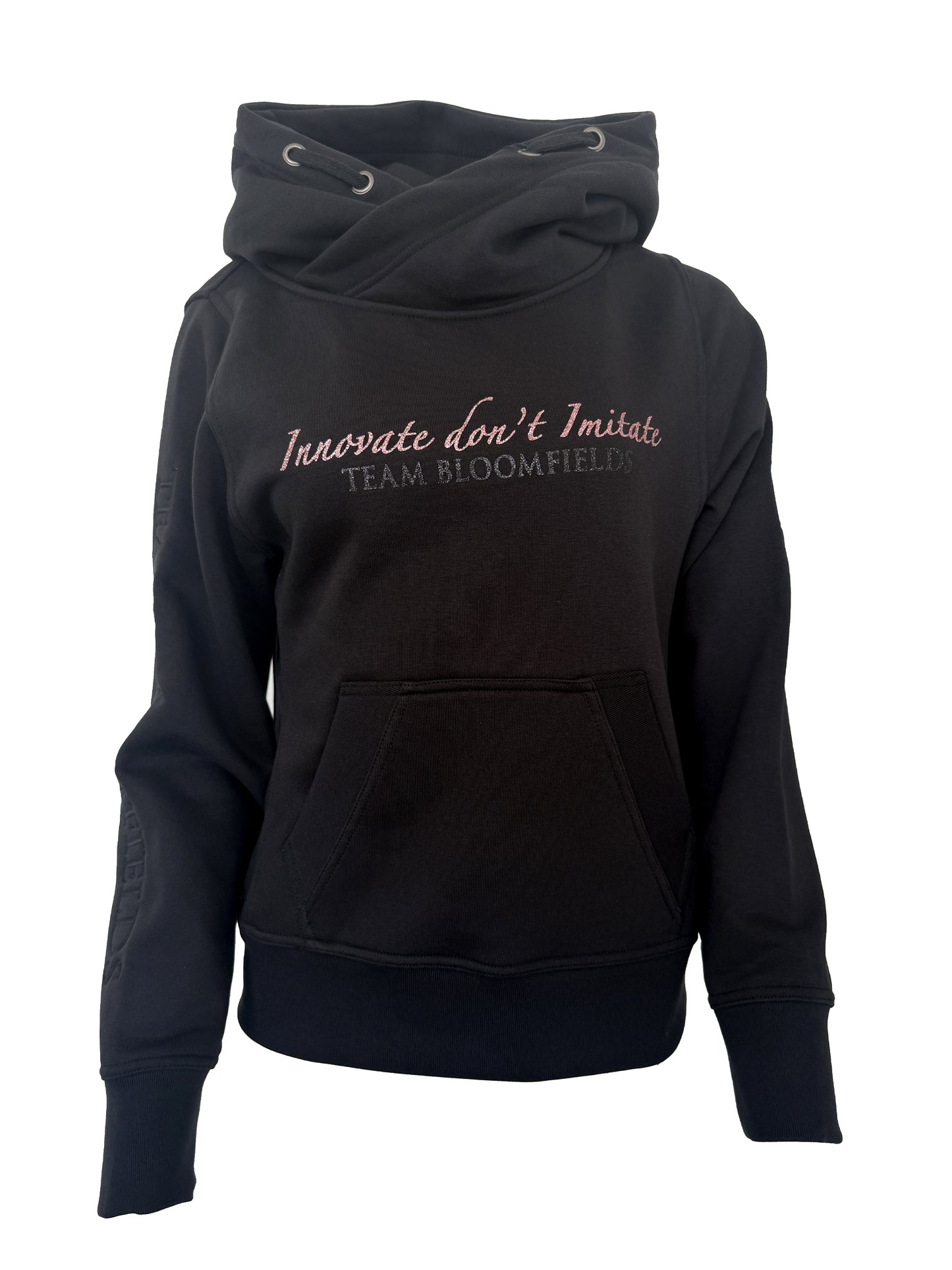 Adelle Black Diamante Cross Necked Hoodie with Pink Branding