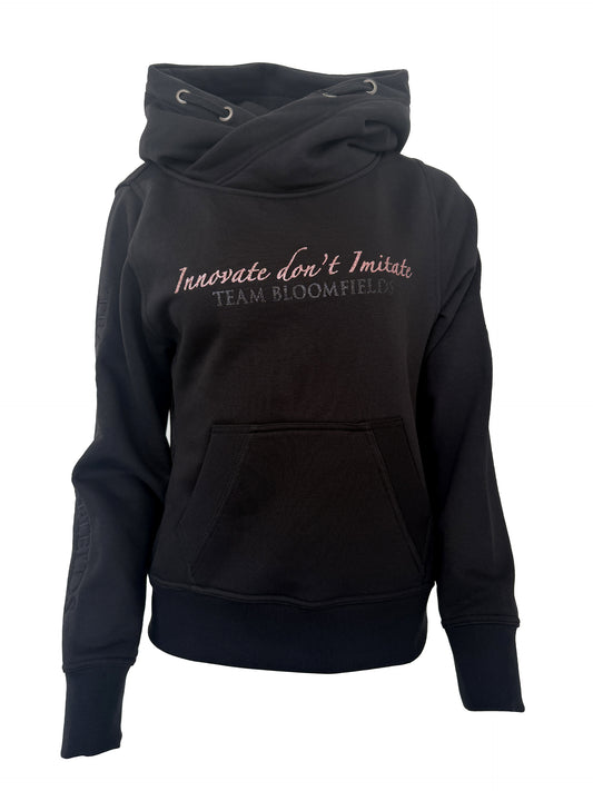Adelle Black Diamante Cross Necked Hoodie with Pink Branding