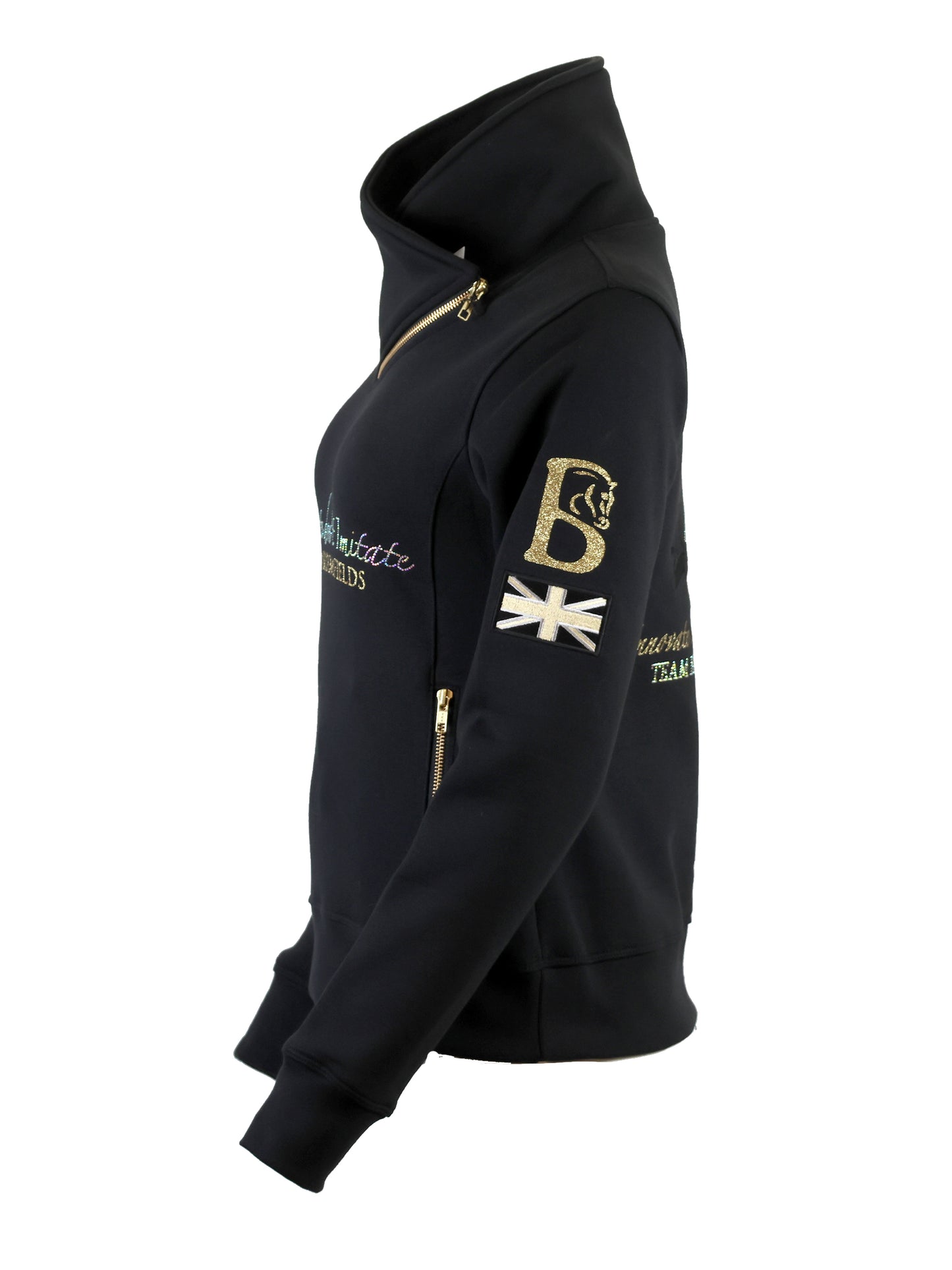 Eleanor in Black With White Rhinestones and Diagonal Quarter Zip Adults Top