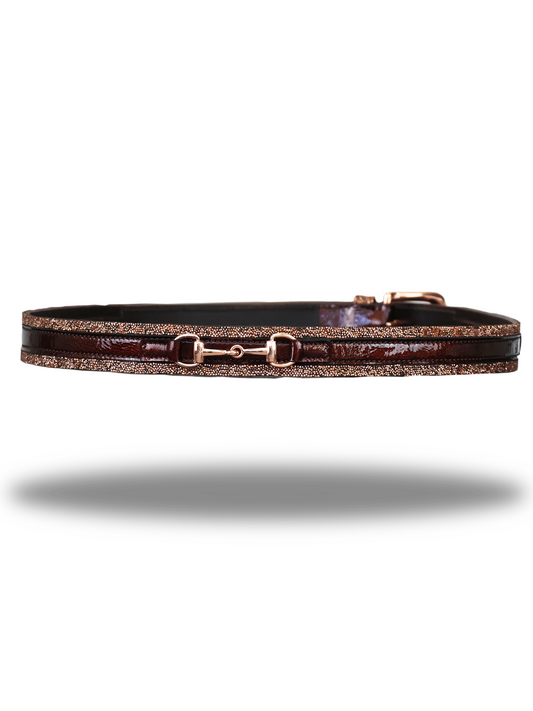 Brown crocodile print leather belt with gold glitter finish and gold buckle and snaffle detail by Team Bloomfields, available in sizes 75cm to 95cm