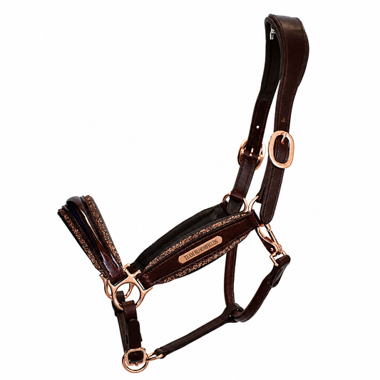 Brown leather horse headcollar with gold glitter detail by Team Bloomfields, adjustable fit and durable hardware for everyday use
