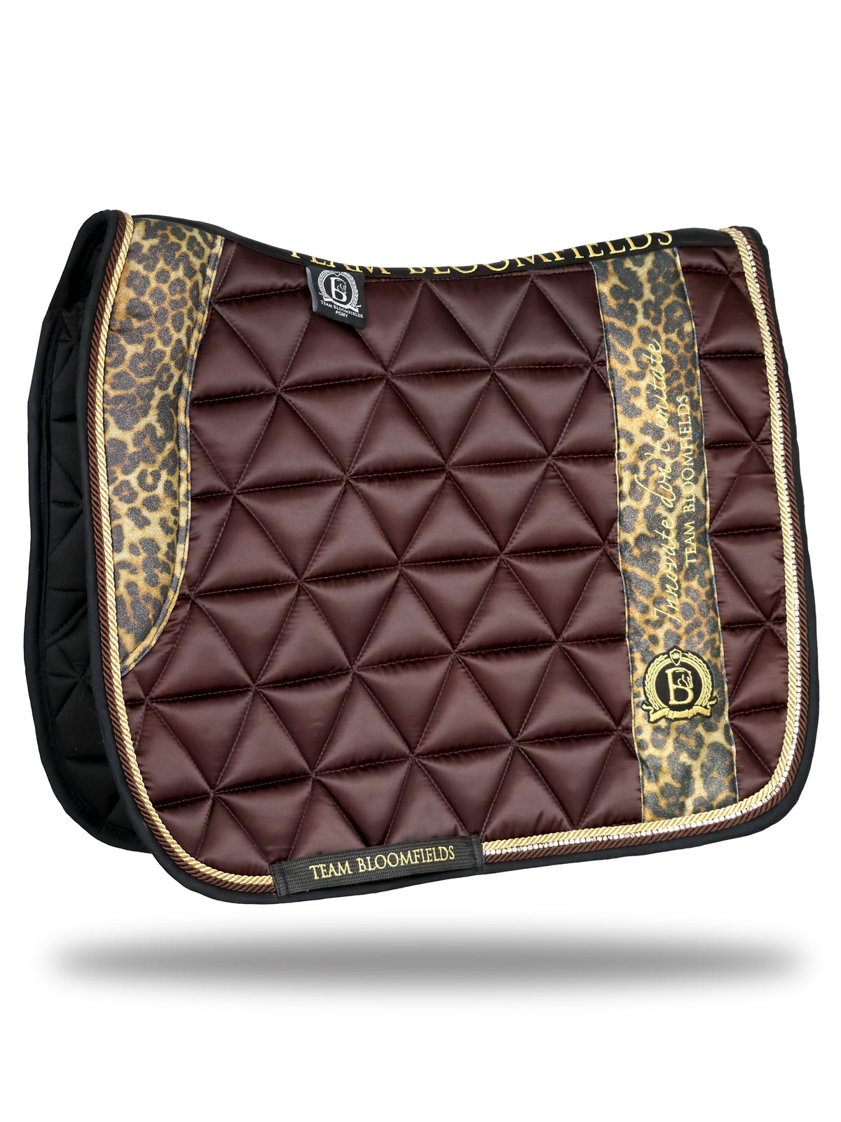 Brown and leopard print dressage saddle pad with quilted satin body and embroidered Bloomfields crest by Team Bloomfields, available in pony cob and full