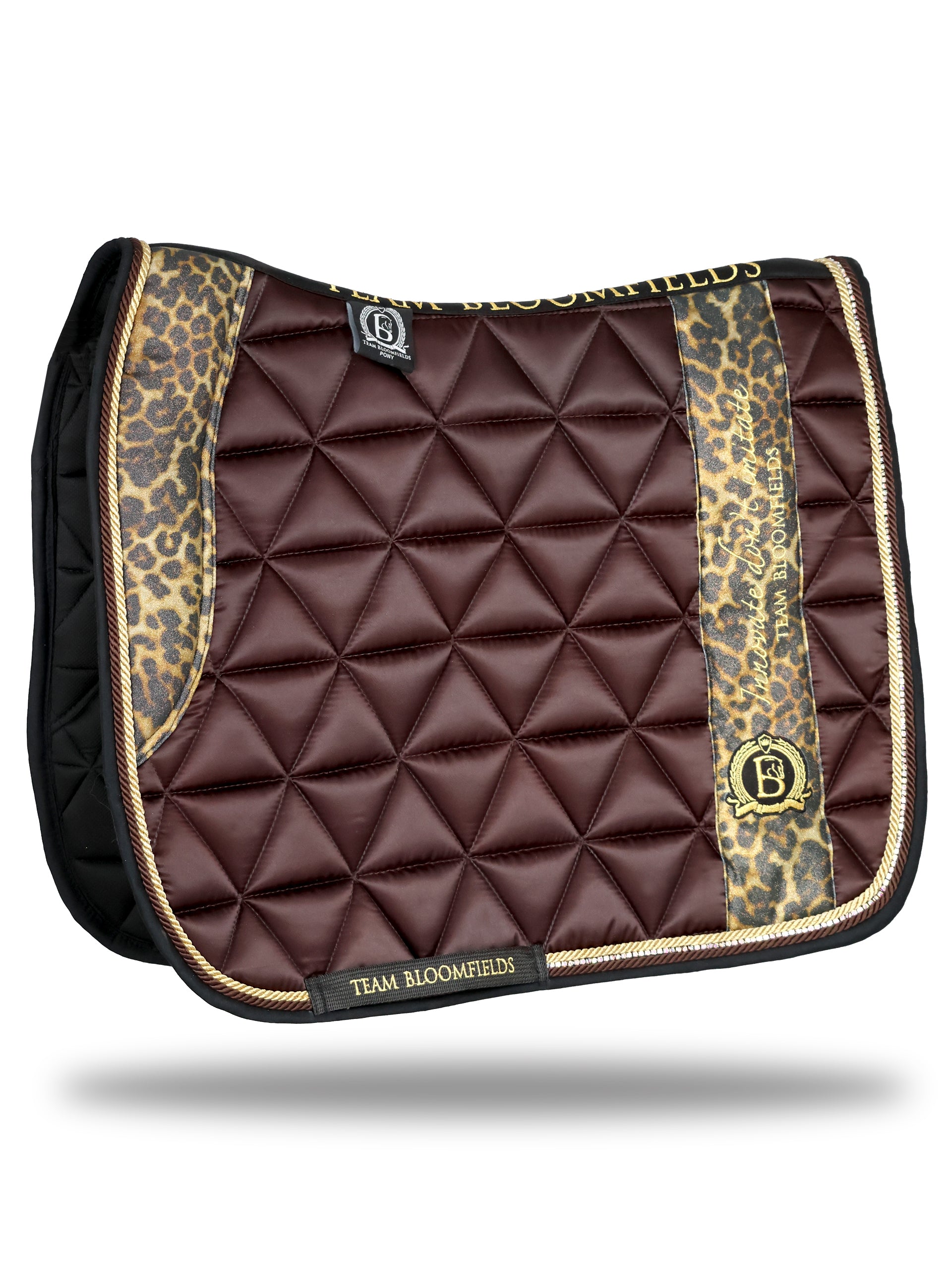 Brown and leopard print dressage saddle pad with quilted satin body and embroidered Bloomfields crest by Team Bloomfields, available in pony cob and full