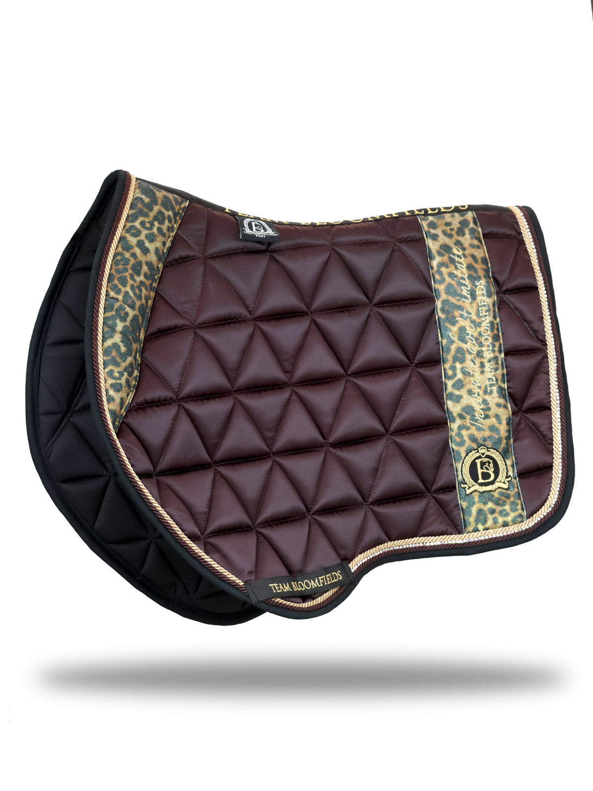 Brown and leopard print jump saddle pad with quilted satin body and embroidered Bloomfields crest by Team Bloomfields, available in pony cob and full