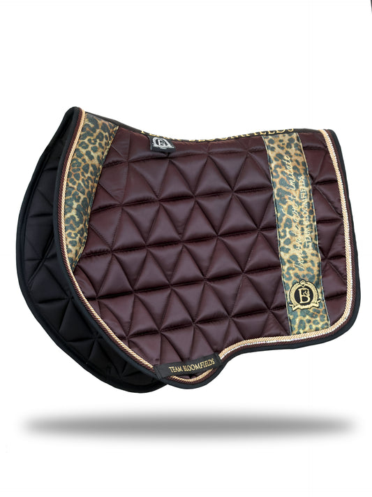 Brown and leopard print jump saddle pad with quilted satin body and embroidered Bloomfields crest by Team Bloomfields, available in pony cob and full