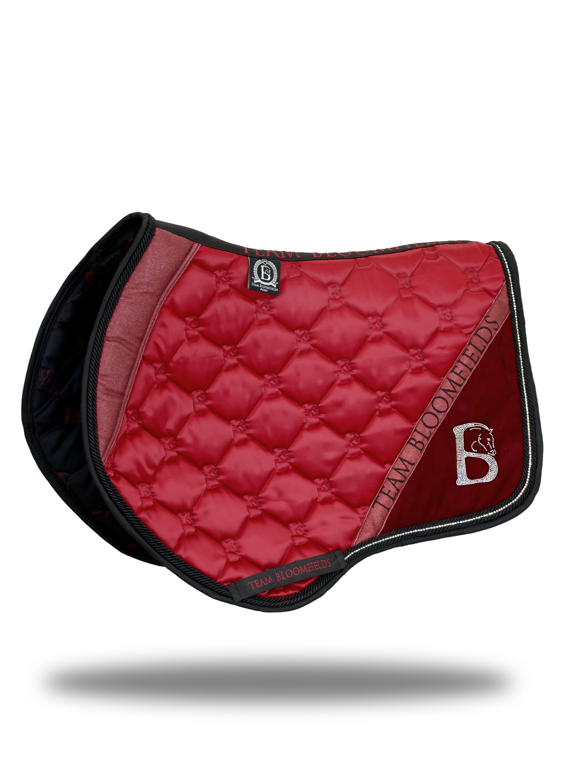 Burgundy sparkle jump saddle pad with glitter panel and diamanté Bloomfields B by Team Bloomfields, available in pony cob and full
