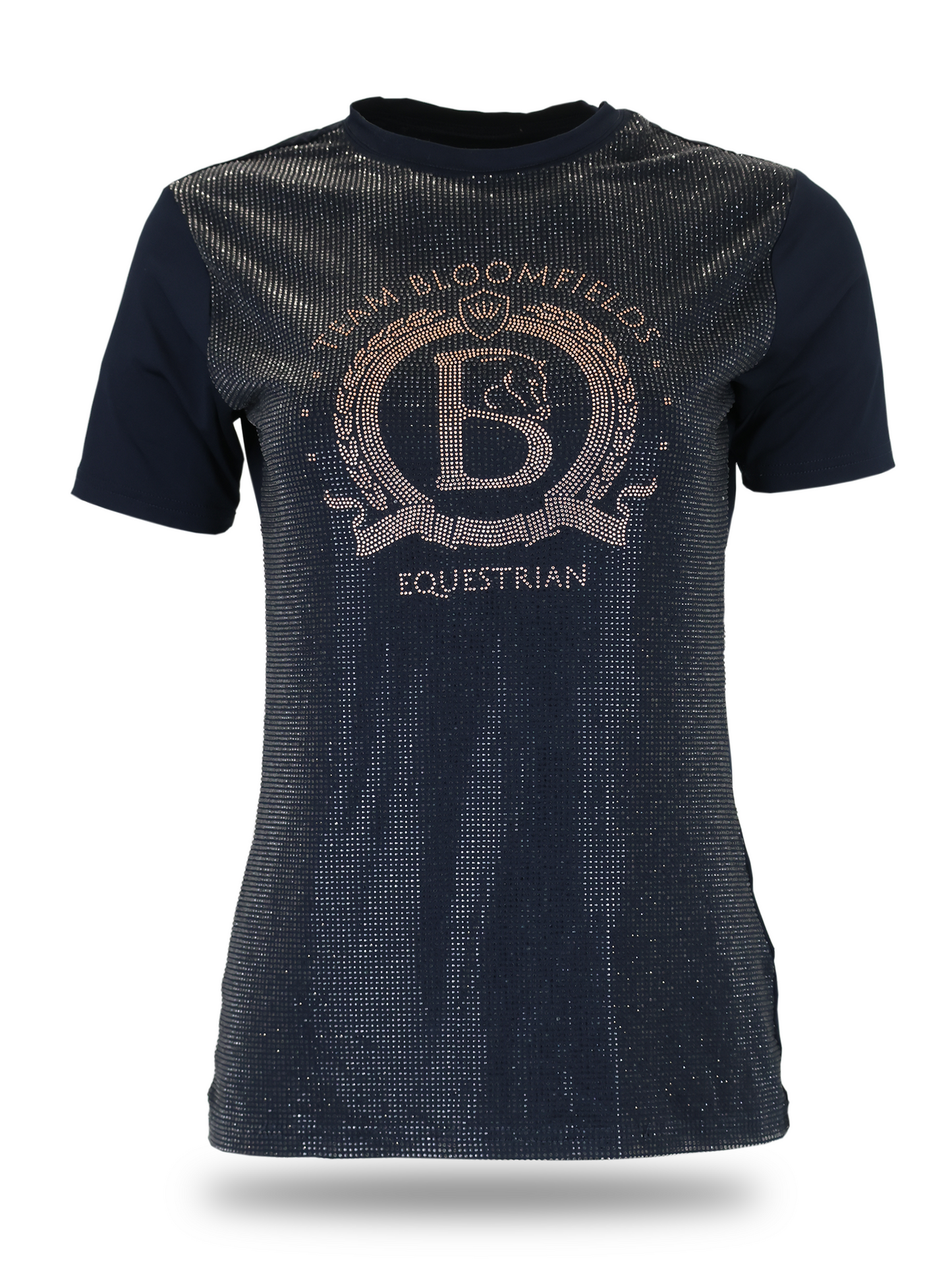 Navy crystal rhinestone T-shirt with rose gold Bloomfields crest by Team Bloomfields, showing densely rhinestone covered front panel and plain navy sleeves