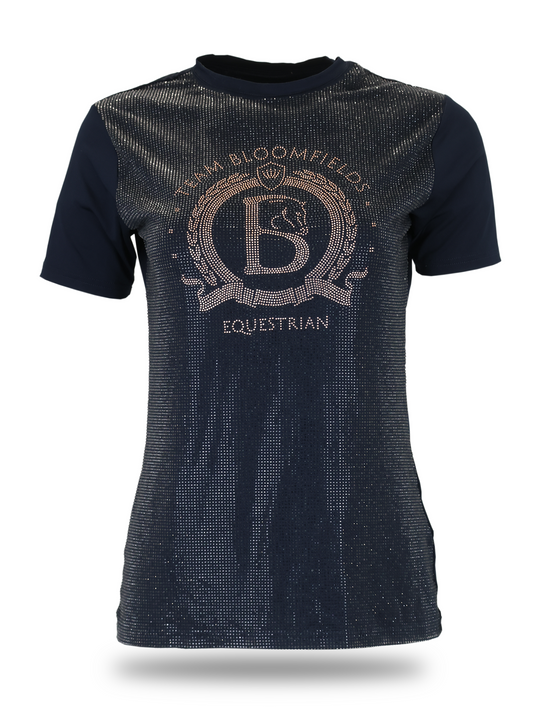 Navy crystal rhinestone T-shirt with rose gold Bloomfields crest by Team Bloomfields, showing densely rhinestone covered front panel and plain navy sleeves