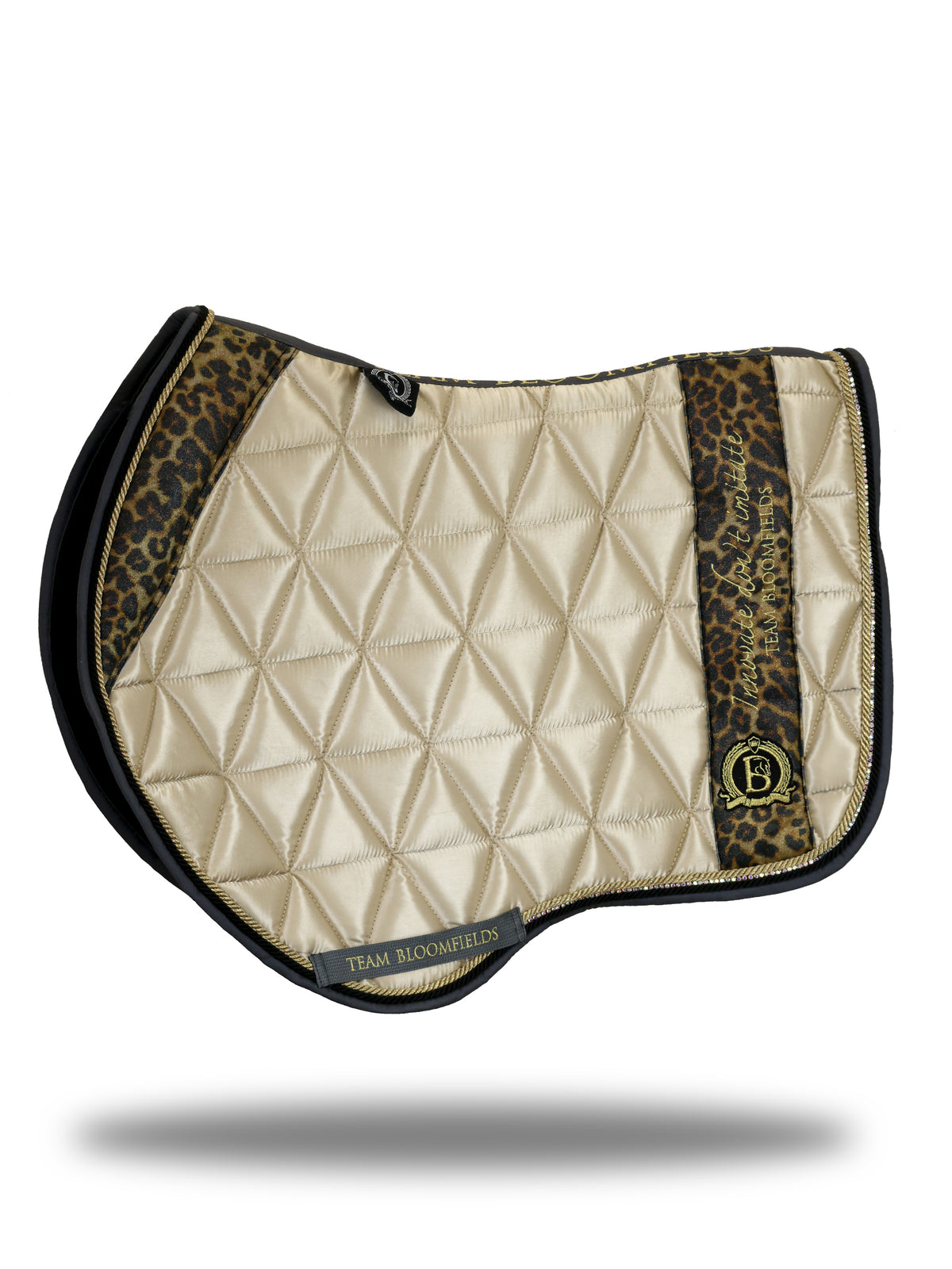 Champagne and leopard print jump saddle pad with quilted satin body and embroidered Bloomfields crest by Team Bloomfields, available in pony cob and full