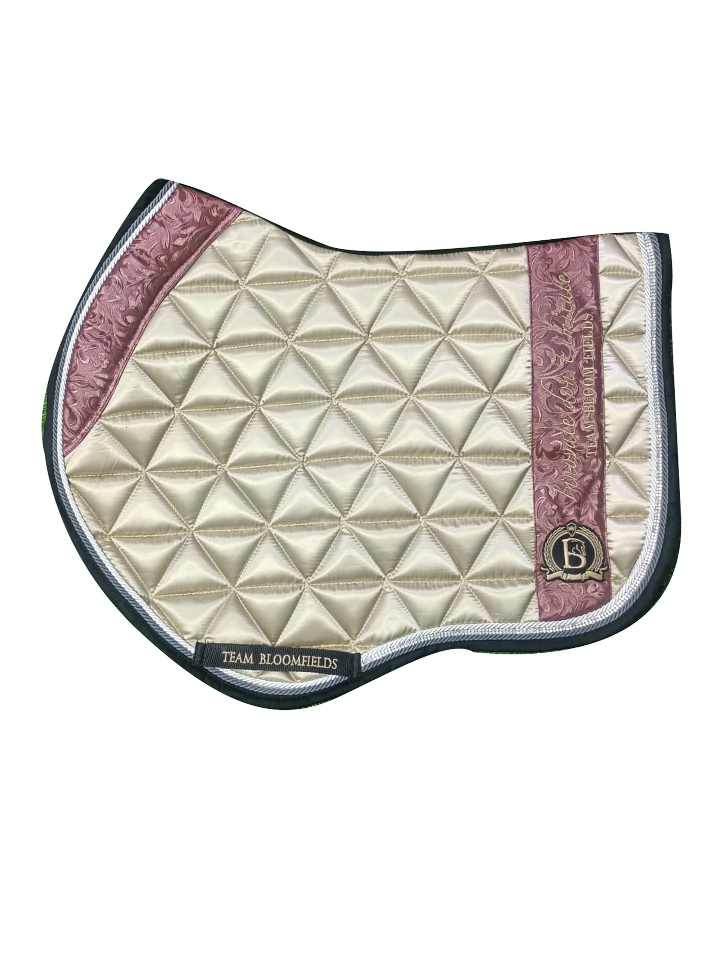 Cream and winter berry paisley jump saddle pad with intricate paisley print and Bloomfields branding by Team Bloomfields, available in pony cob and full