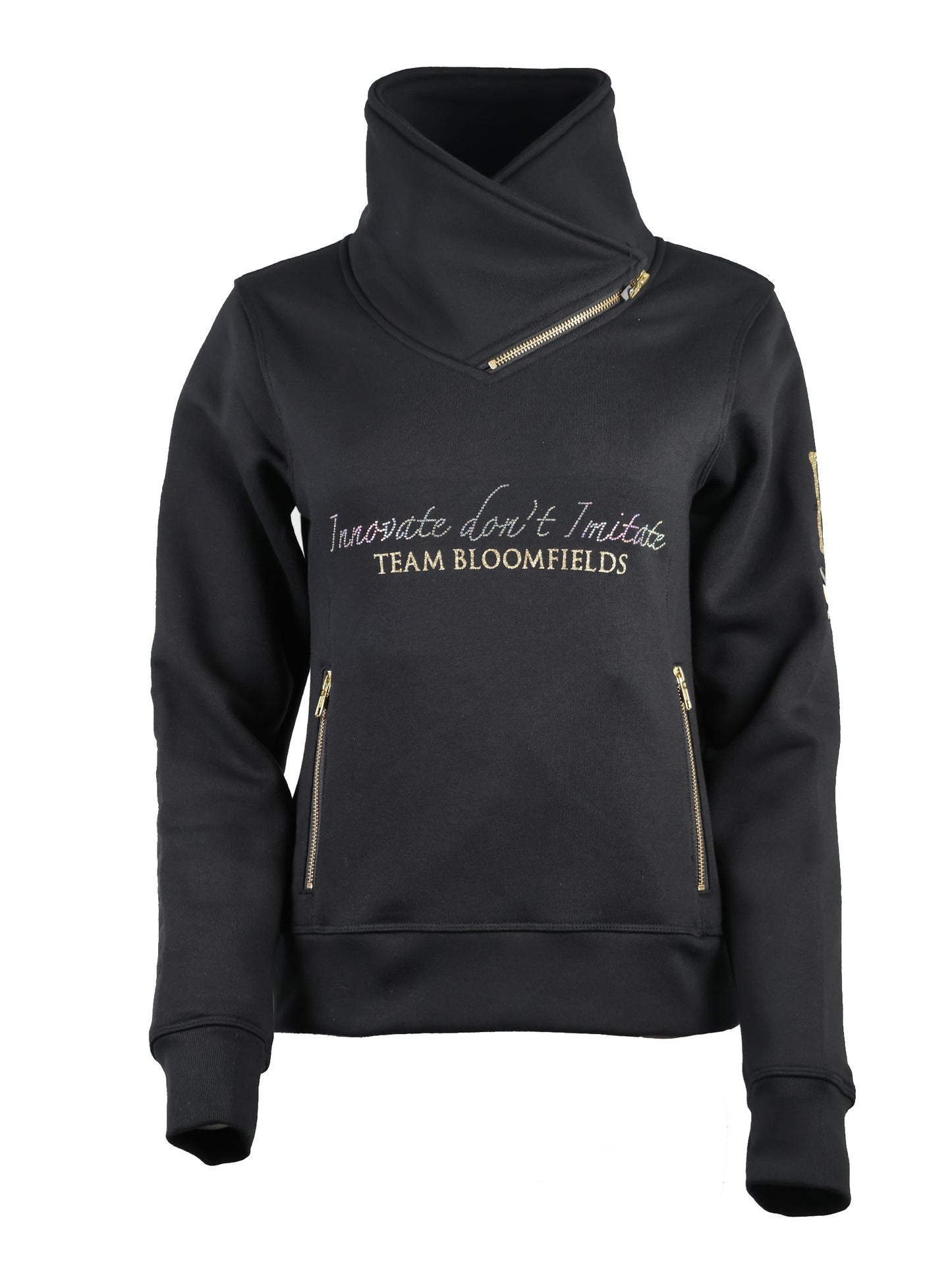 Eleanor in Black With White Rhinestones and Diagonal Quarter Zip Adults Top