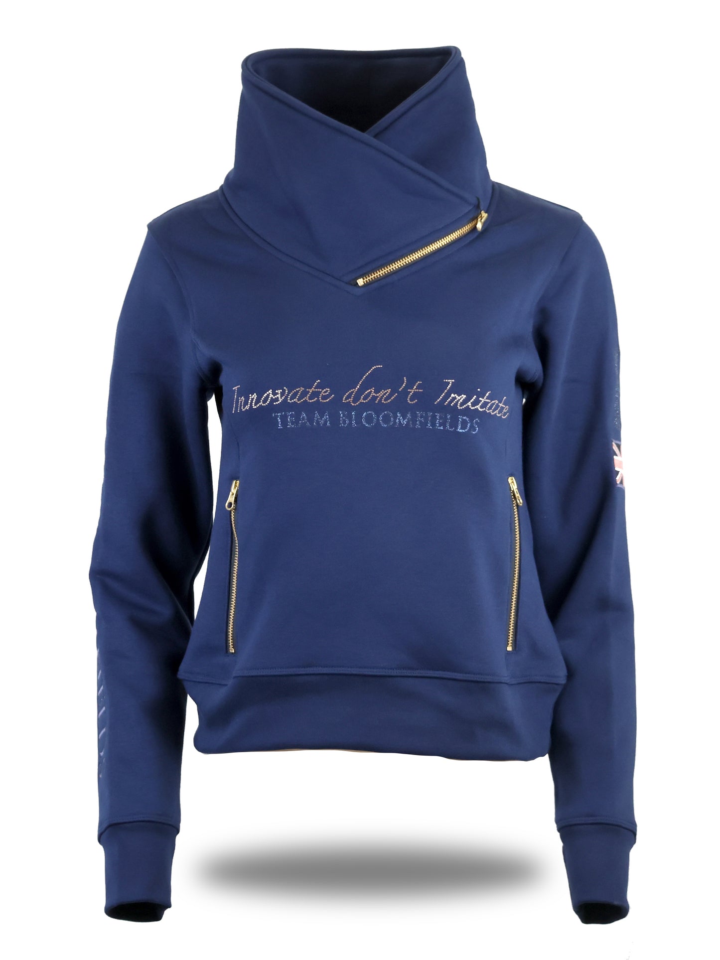 Eleanor in Navy & Rose Gold Rhinestones & Diagonal Quarter Zip Top