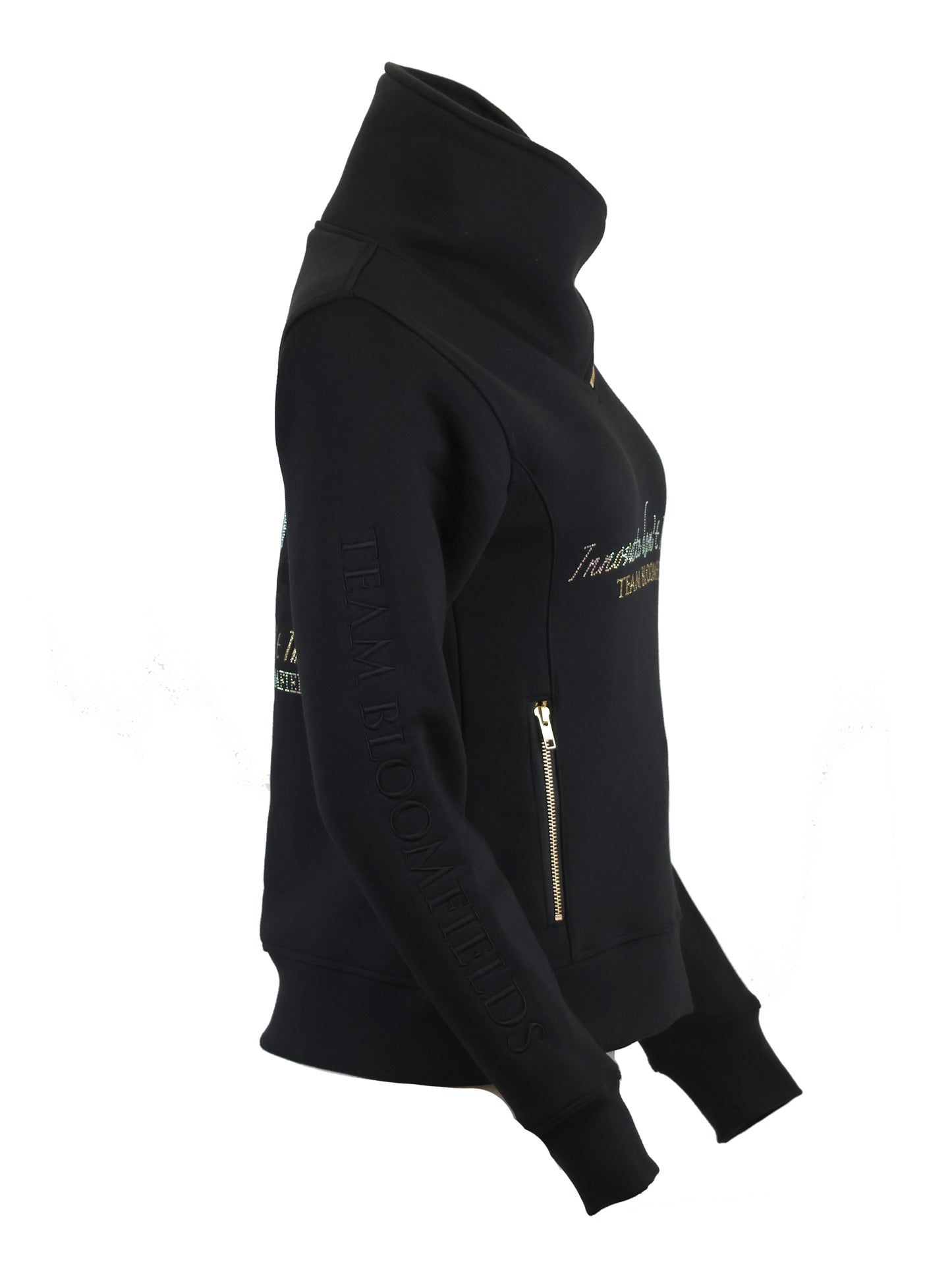 Eleanor in Black With White Rhinestones and Diagonal Quarter Zip Adults Top