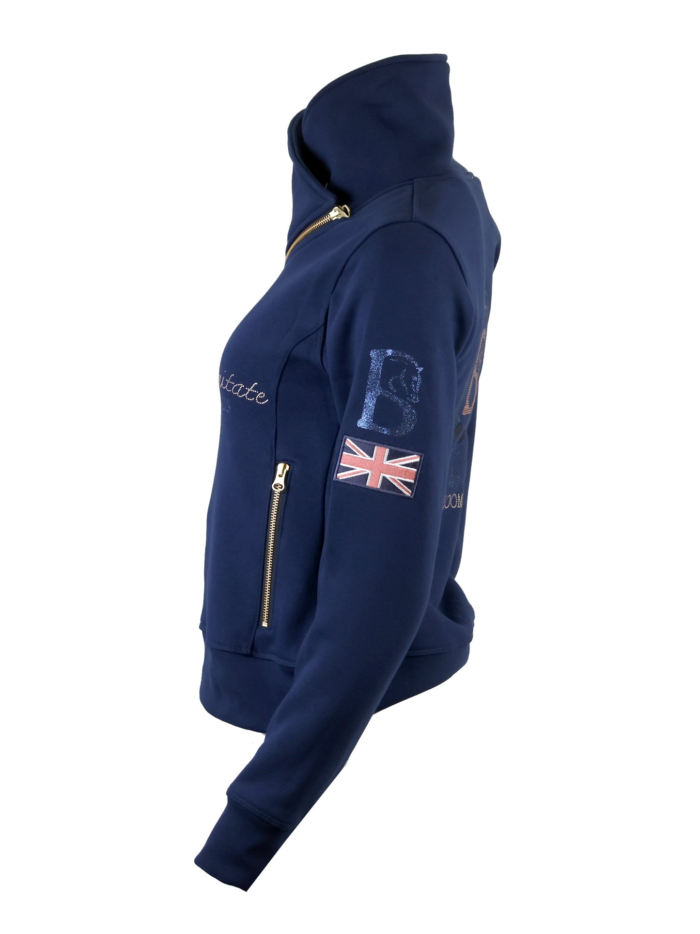 Eleanor in Navy With Rose Gold Rhinestones and Diagonal Quarter Zip Adults Top