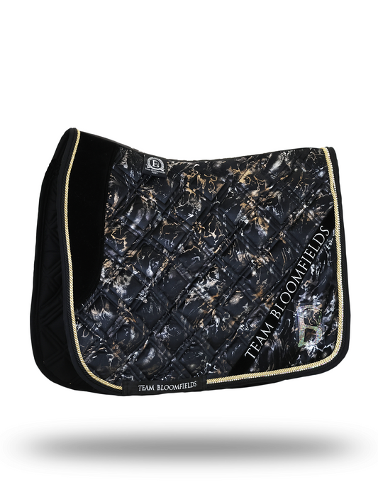 Electra black and gold dressage saddle pad with gold detailing and rhinestone Bloomfields B by Team Bloomfields