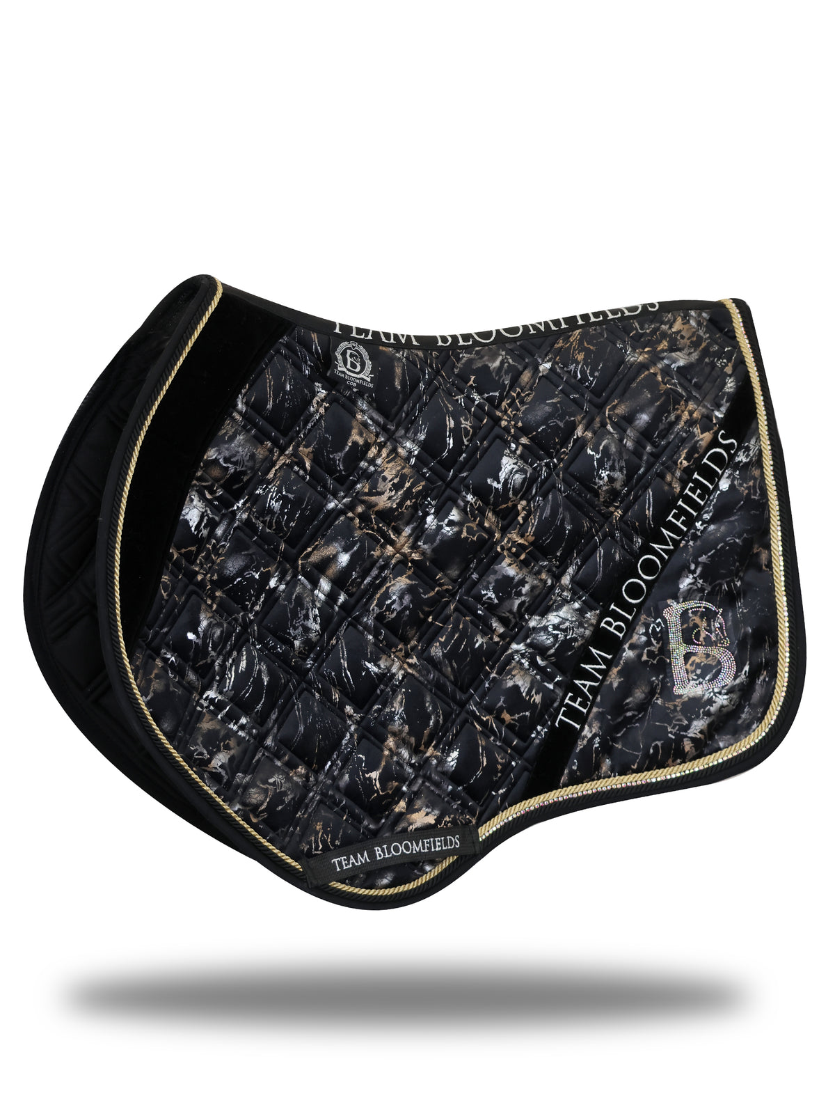 Electra black and gold jump saddle pad with marble effect print, gold glitter panel and diamanté Bloomfields B by Team Bloomfields, available in pony cob and full