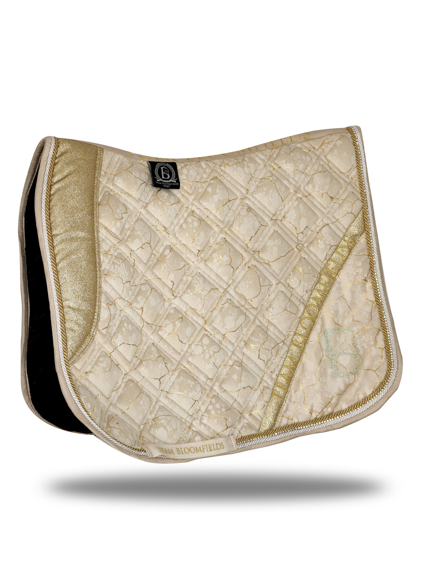 Electra cream and gold dressage saddle pad with marble effect print, gold glitter panel and diamanté Bloomfields B by Team Bloomfields, available in pony cob and full
